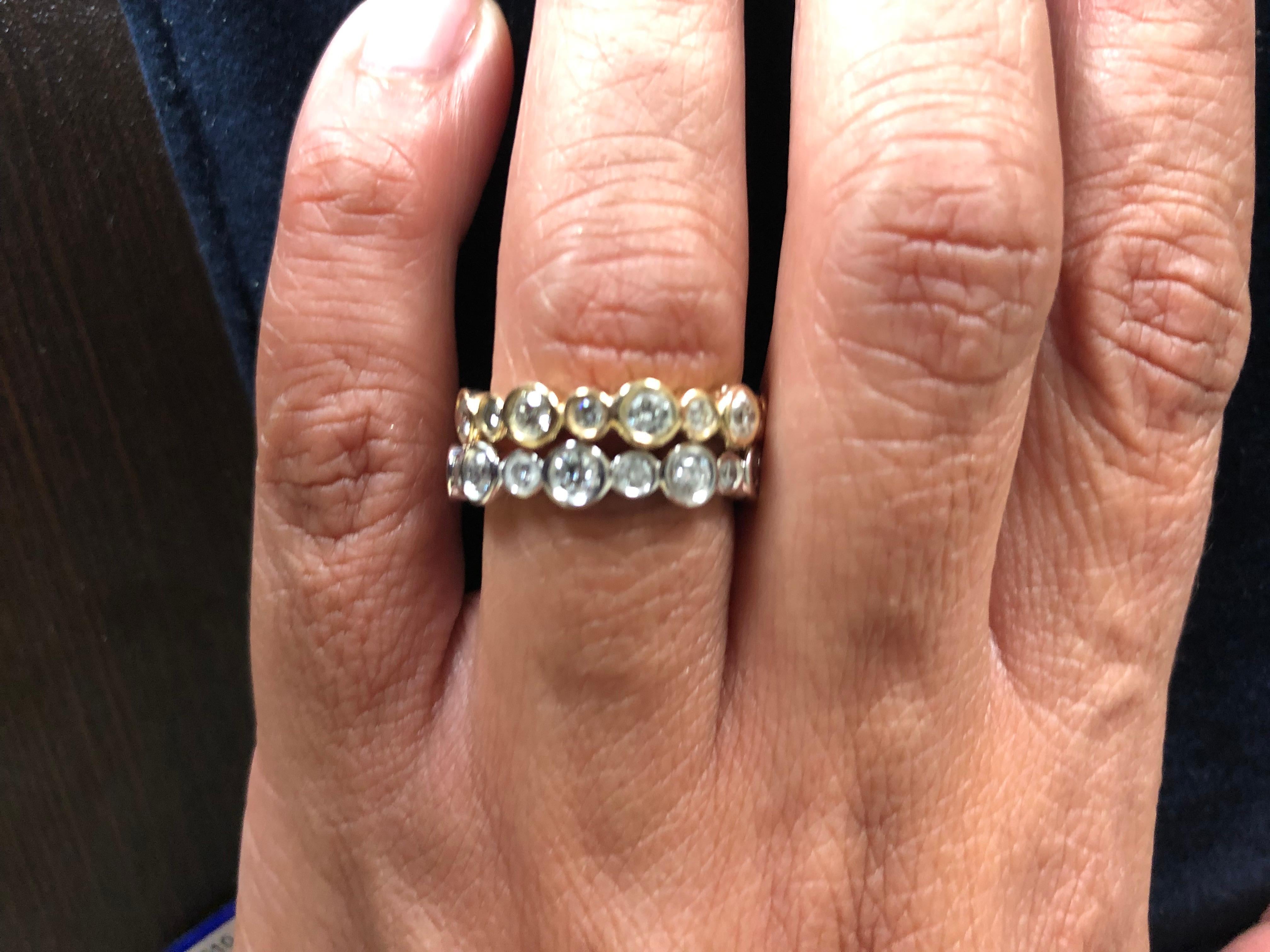 14 Karat White and Yellow Gold Diamond Bezel Eternity Rings In New Condition For Sale In Great Neck, NY