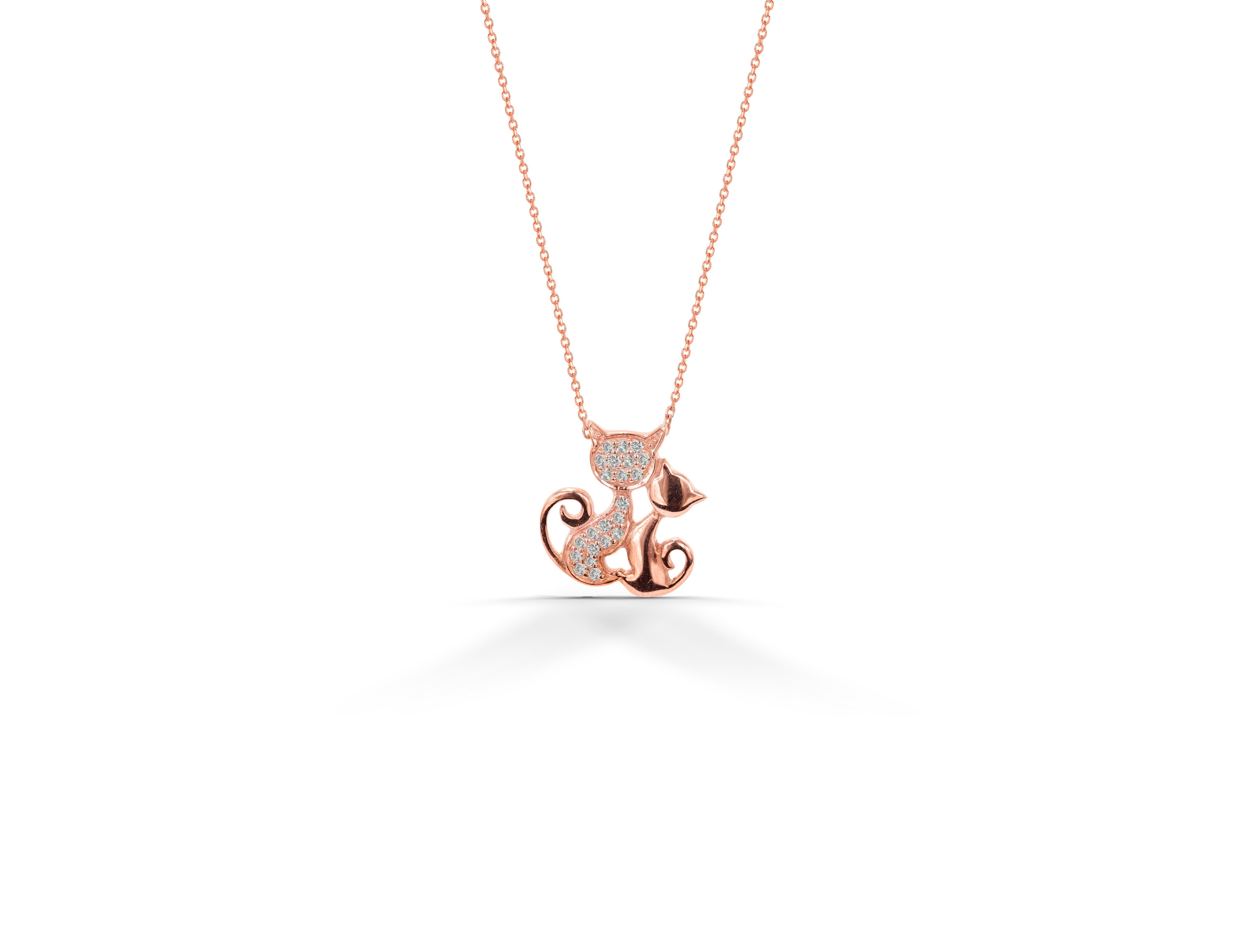 Modern 14k White and Yellow Gold Diamond Cat Charm Necklace Two Tone Diamond Necklace For Sale