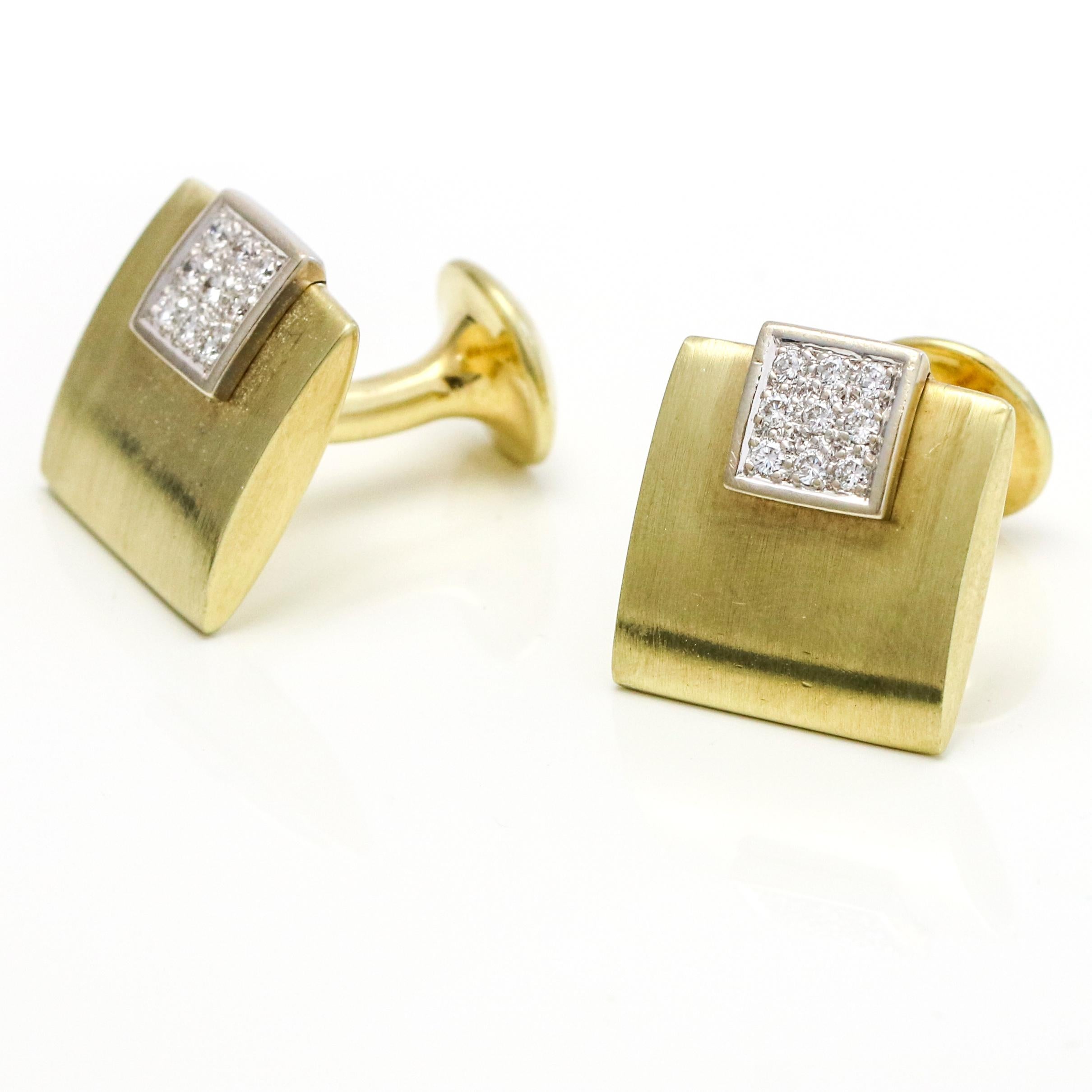 14 Karat White and Yellow Gold Diamond Square Cufflinks For Sale 1