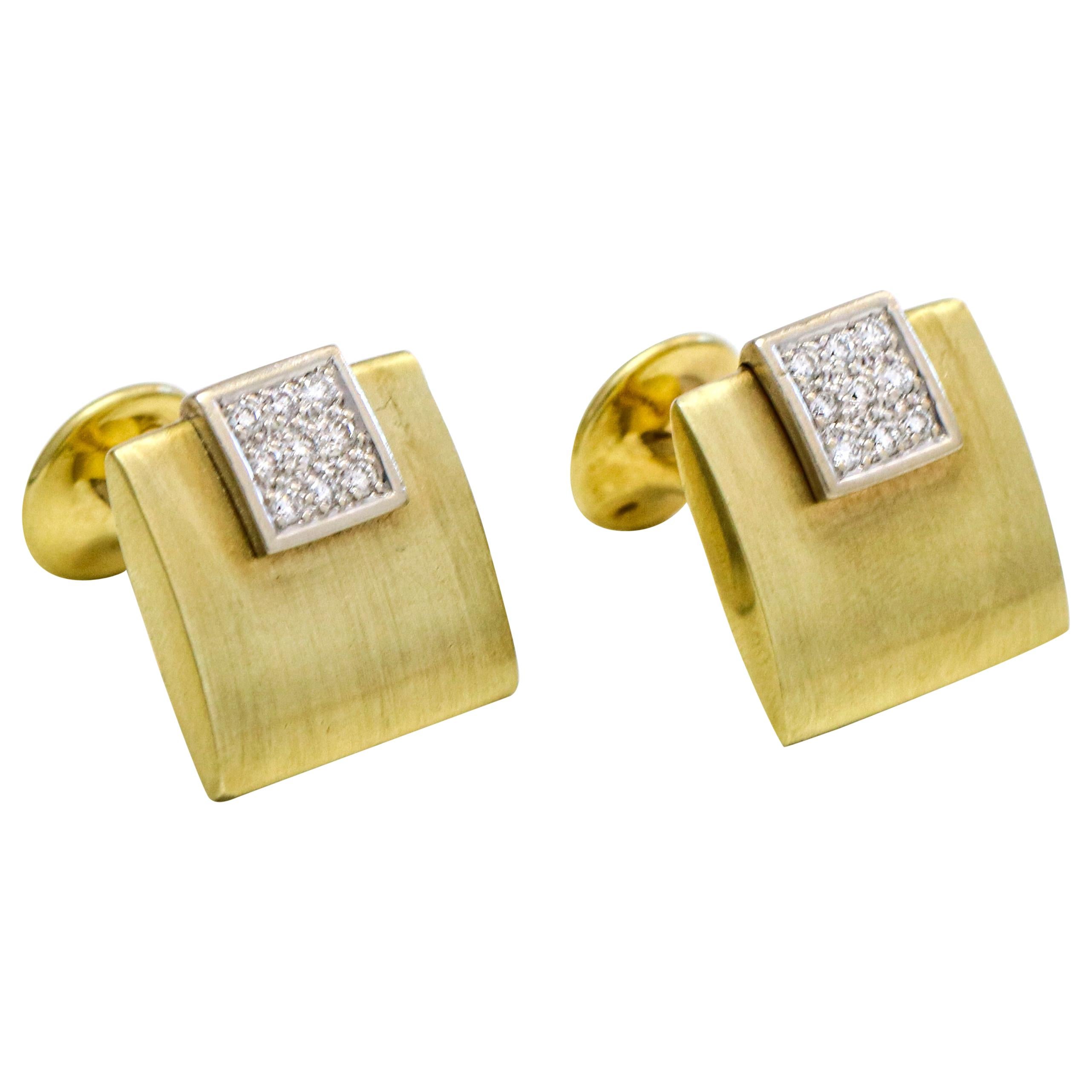 14 Karat White and Yellow Gold Diamond Square Cufflinks For Sale