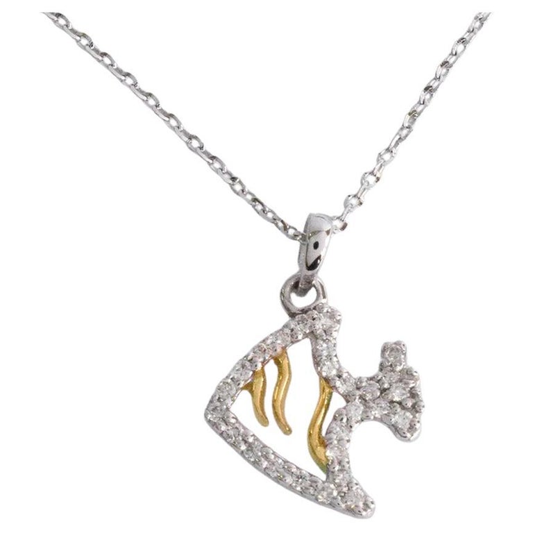 14k White and Yellow Gold Fish Necklace Fish Charm Pendant Diamond Lucky  Fish For Sale at 1stDibs