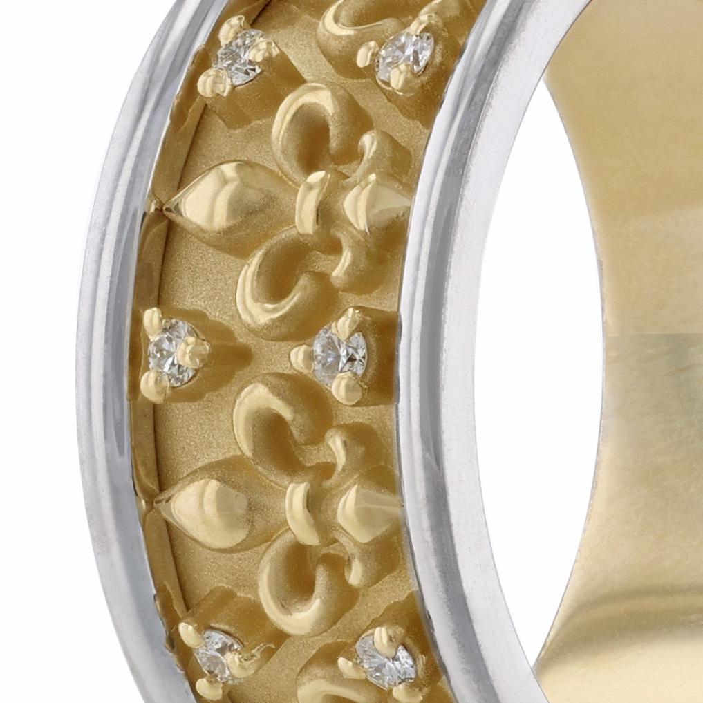 Round Cut 14K White and Yellow Gold Fleur De Lis Diamond Men's Eternity Band, 0.48 Carat For Sale