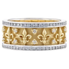 14K White and Yellow Gold Fleur De Lis Diamond Rows Eternity Band, 0.96 Carat 14K White and Yellow Gold Fleur De Lis Diamond Rows Eternity Band, 0.96 Carat