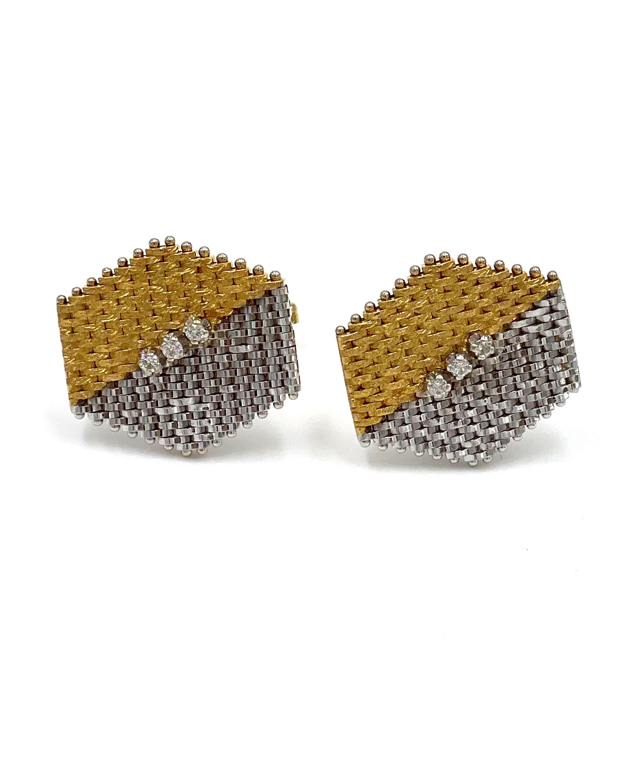 Pre owned vintage estate pair of 14k yellow and white gold six-sided cuff links with six prong set diamonds approximate total weight of 0.18 carat.  The links are half white and half yellow and the plates are created from tiny bars pinned with