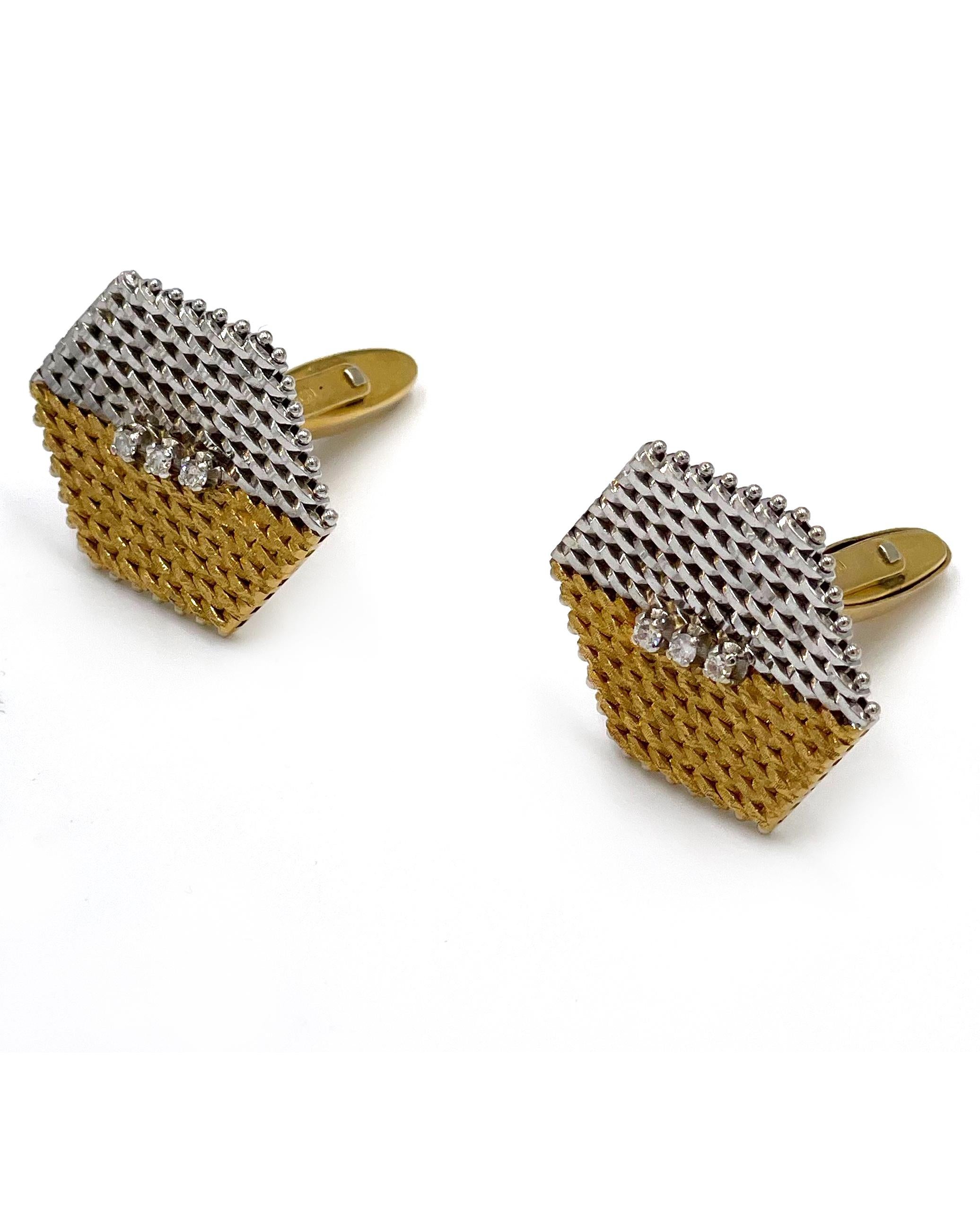 Round Cut 14K White and Yellow Gold Hexagon Cuff Links with Diamonds For Sale