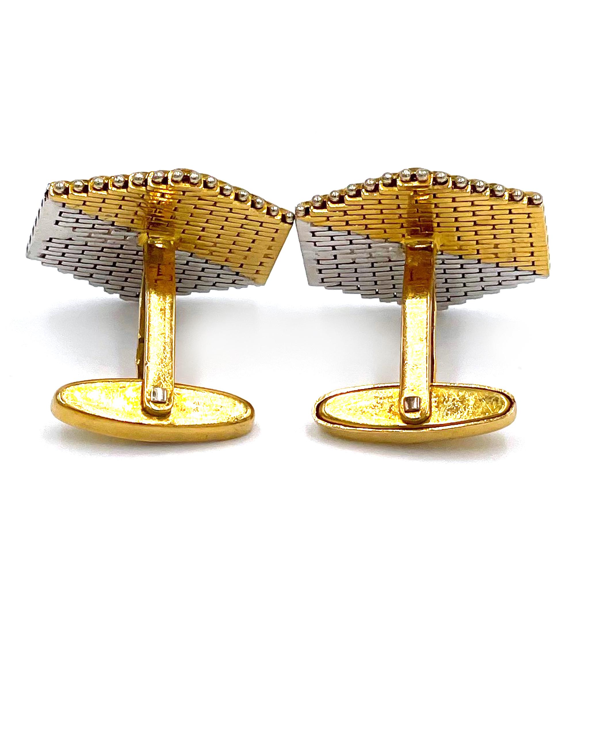 14K White and Yellow Gold Hexagon Cuff Links with Diamonds In Good Condition For Sale In Old Tappan, NJ