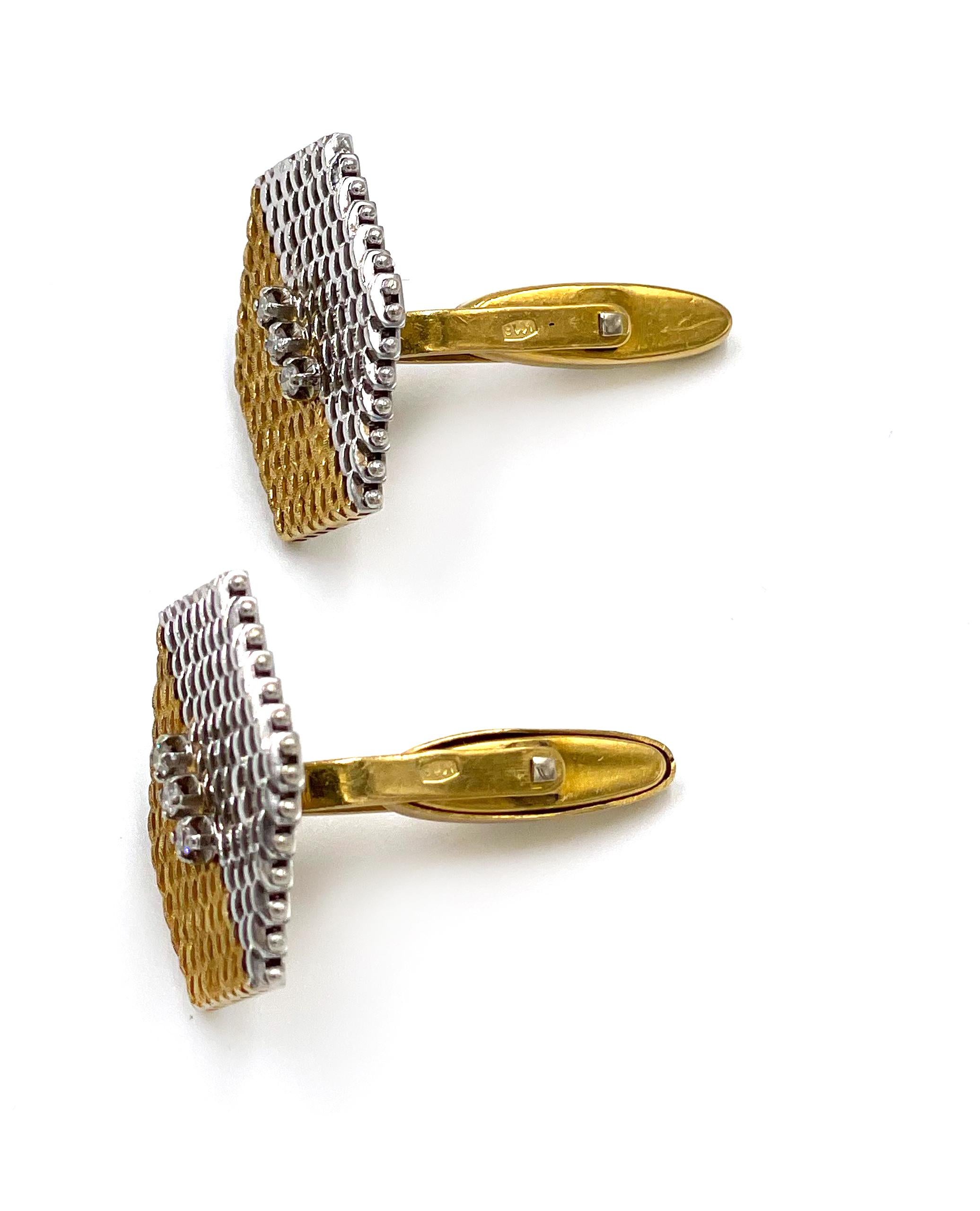 Women's or Men's 14K White and Yellow Gold Hexagon Cuff Links with Diamonds For Sale