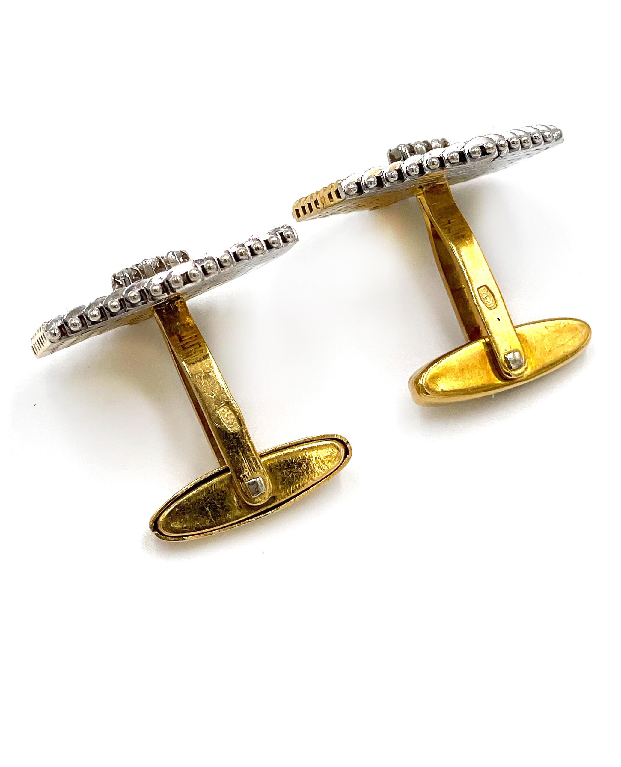 14K White and Yellow Gold Hexagon Cuff Links with Diamonds For Sale 1