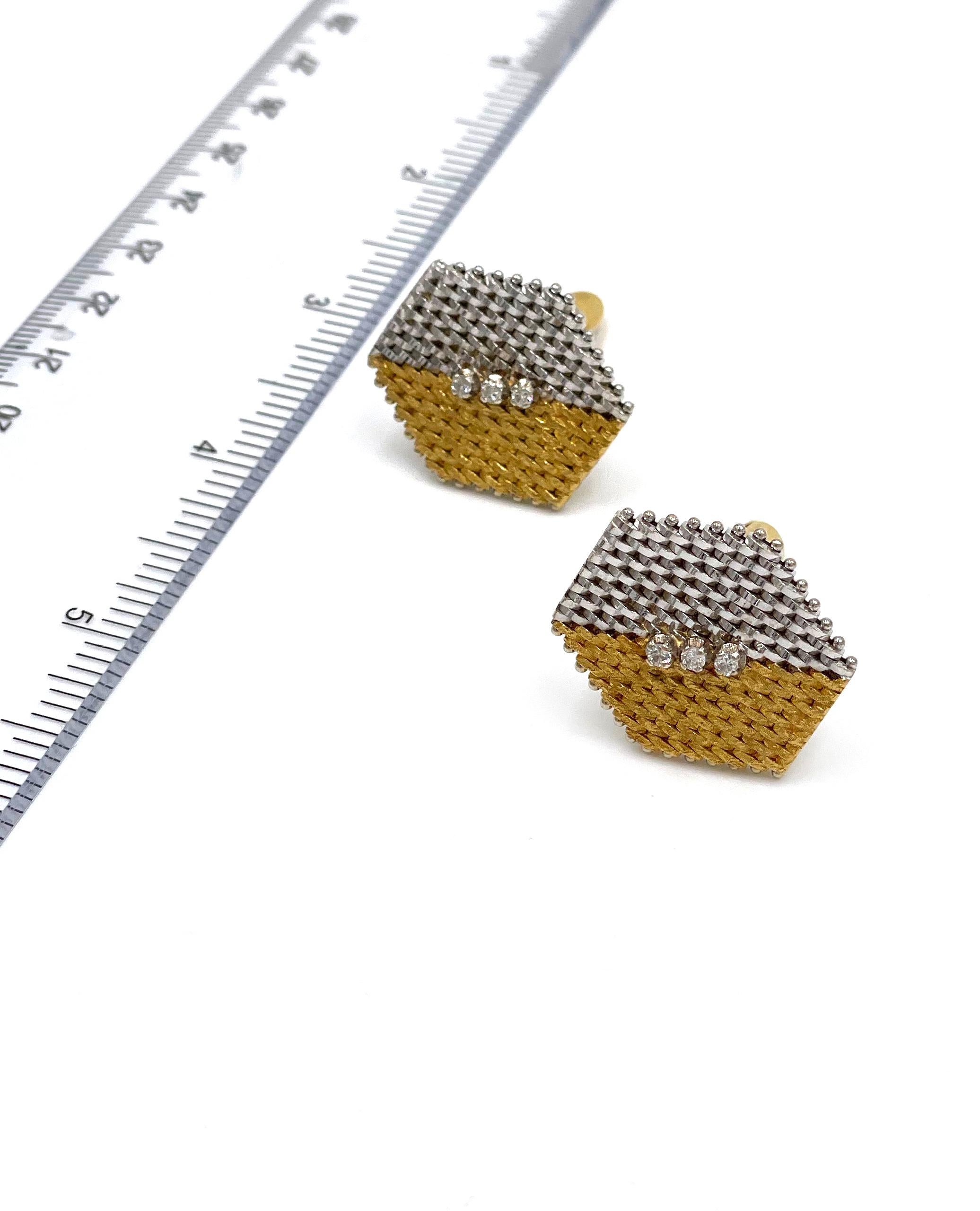 14K White and Yellow Gold Hexagon Cuff Links with Diamonds For Sale 2