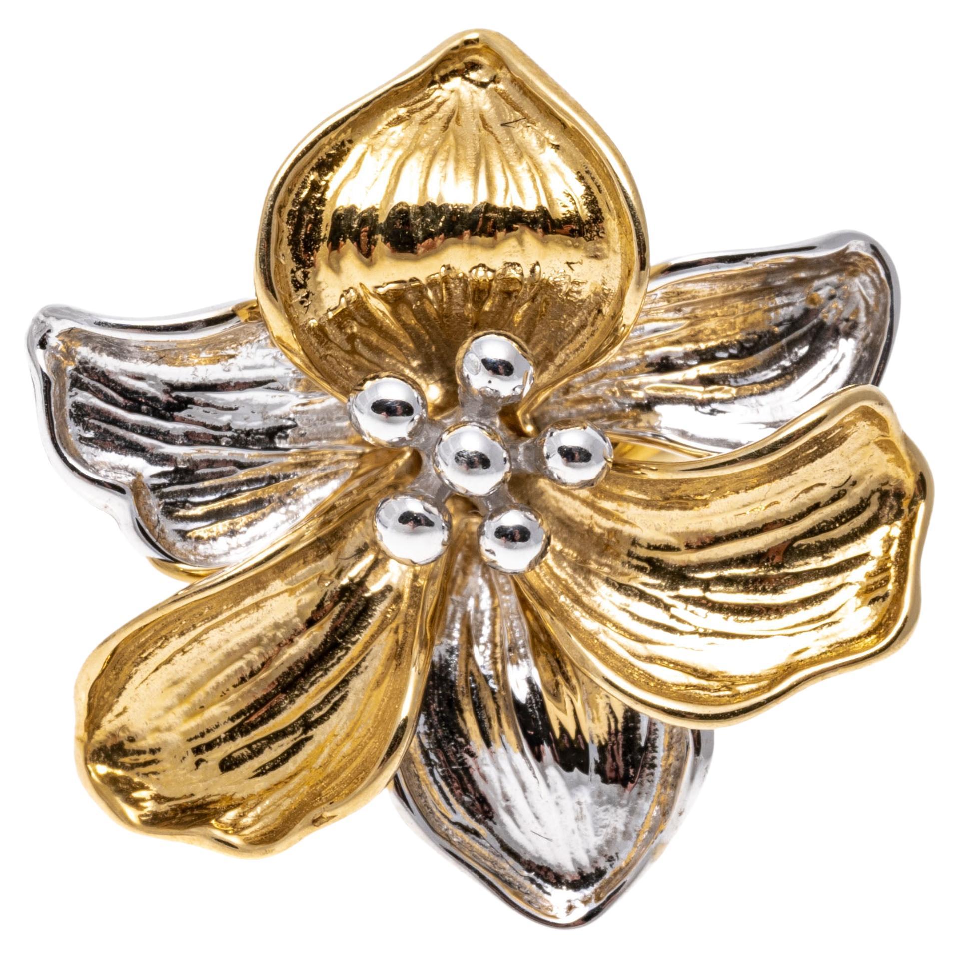 14k White and Yellow Gold High Polished Figural Flower Motif Ring