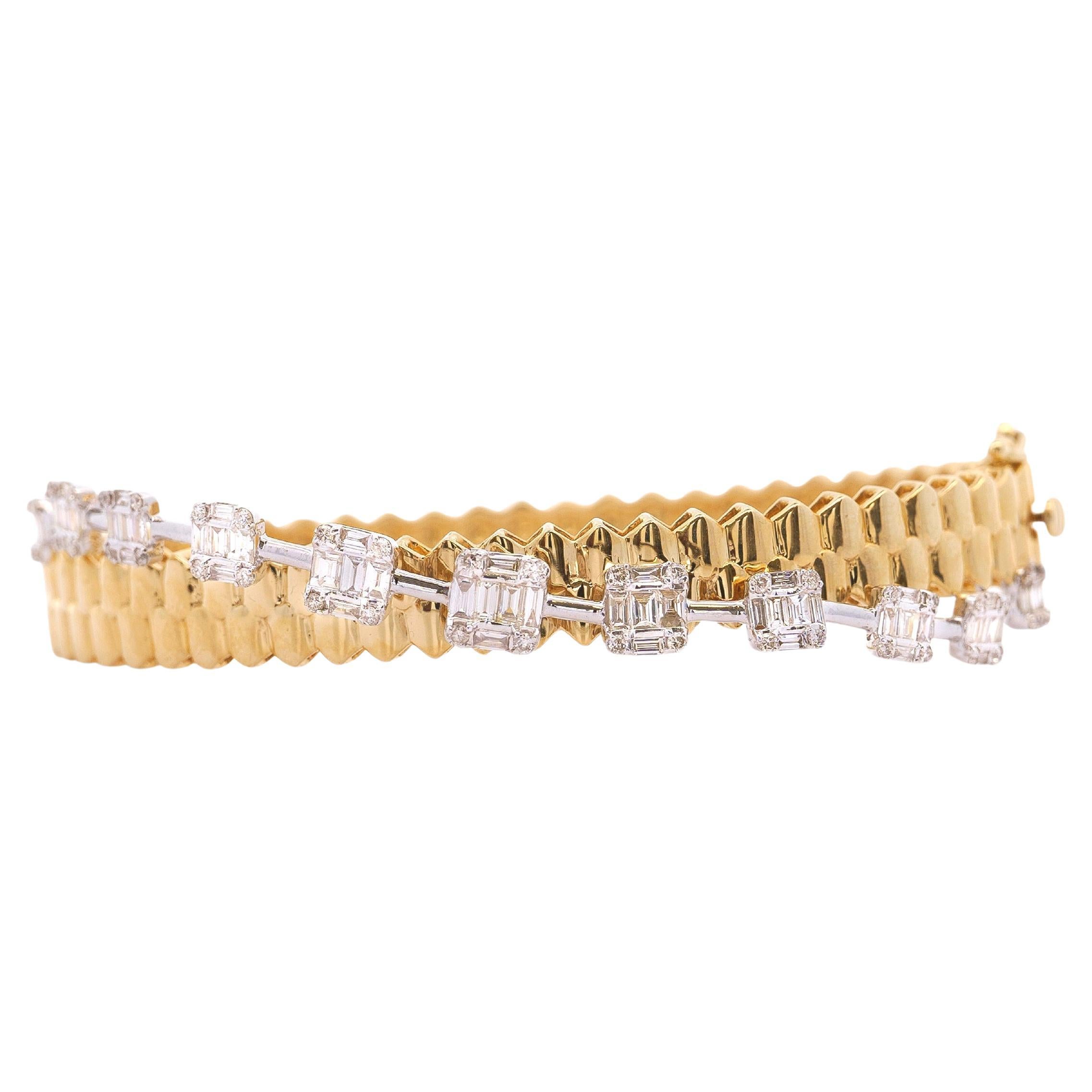 14K White and Yellow Gold Ribbed 1.52 Carat Diamond Bangle with Illusion Set