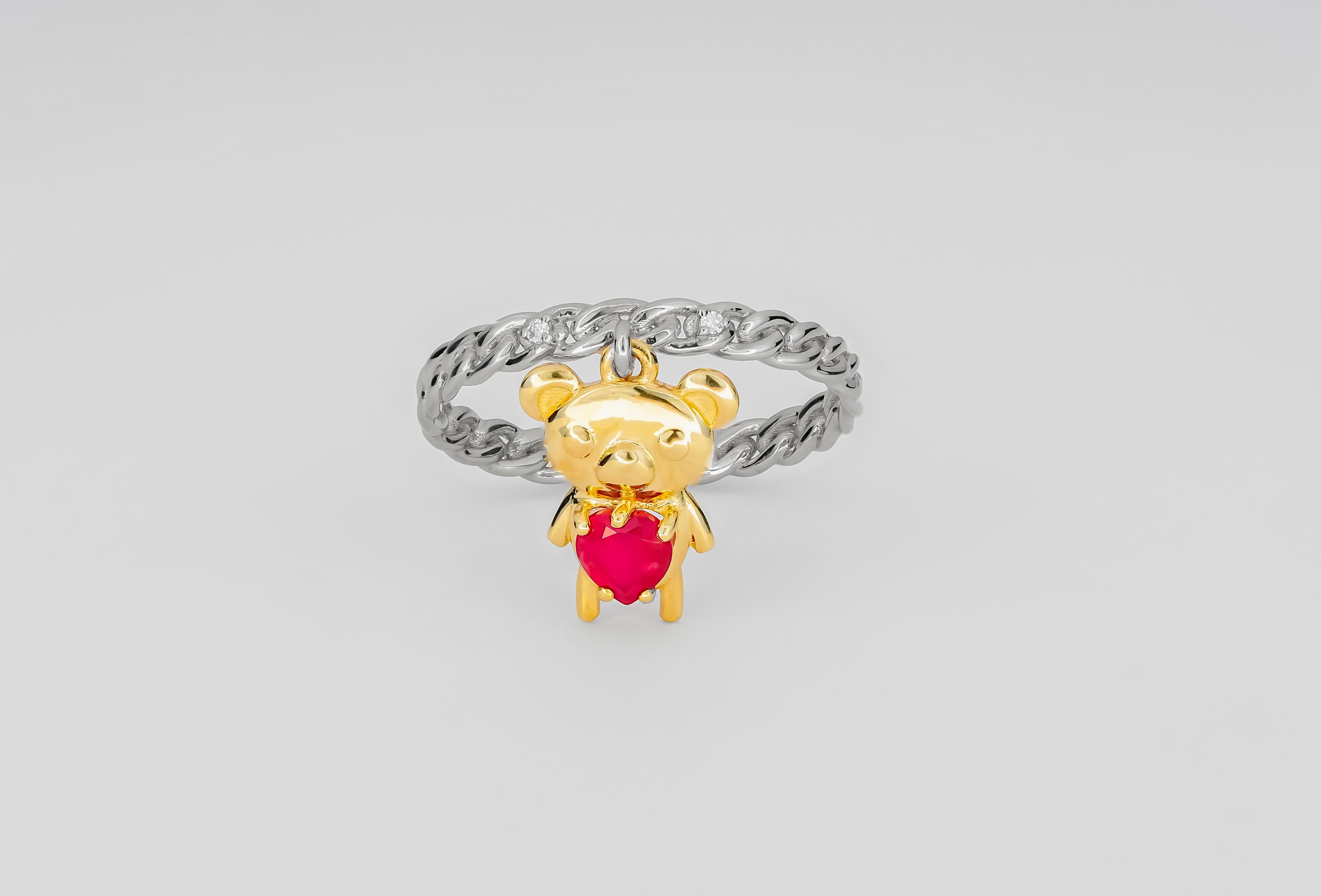 For Sale:  Heart ruby ring in 14 karat gold. Teddy Bear Gold Ring.  2