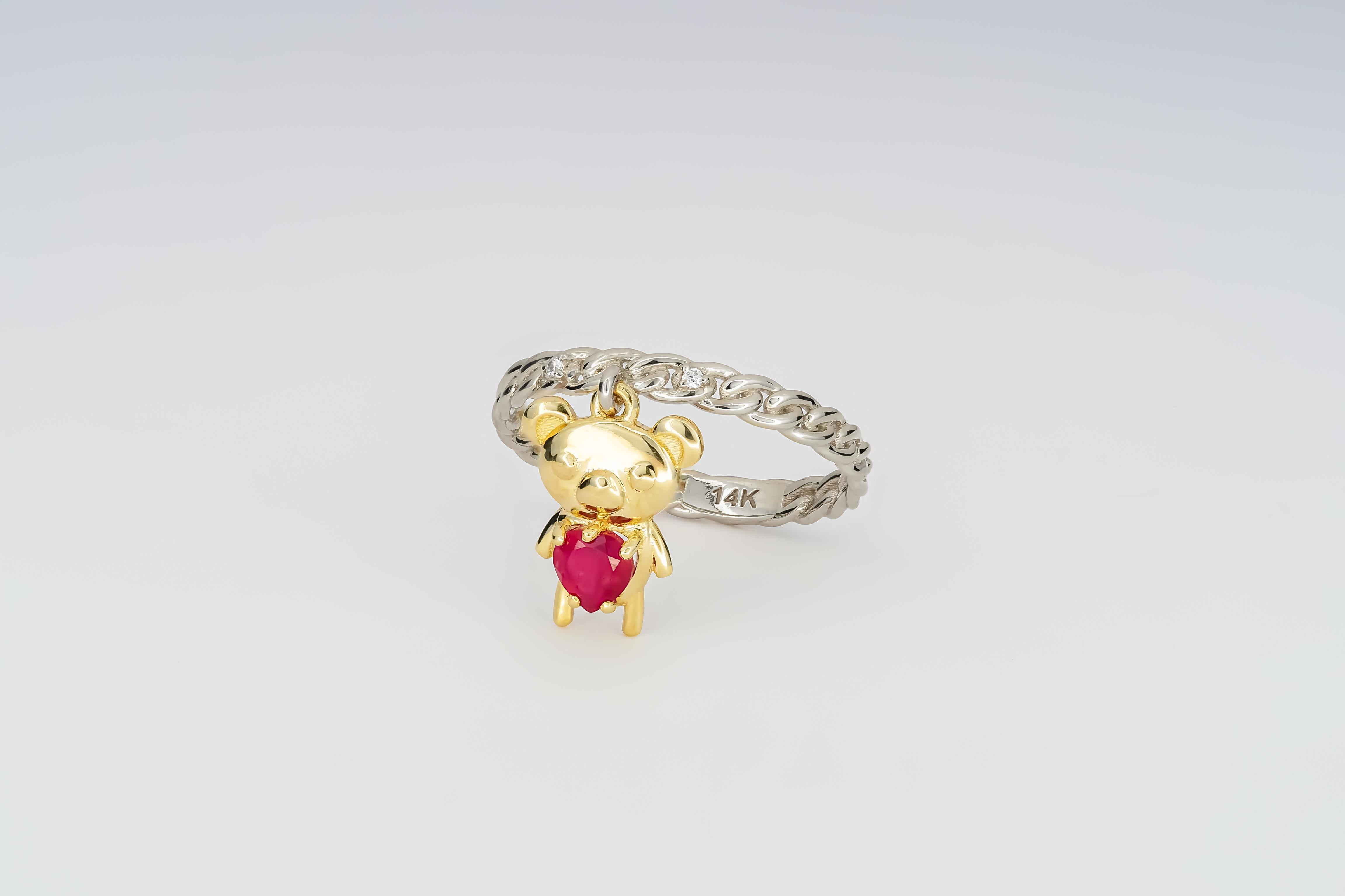 For Sale:  Heart ruby ring in 14 karat gold. Teddy Bear Gold Ring.  3