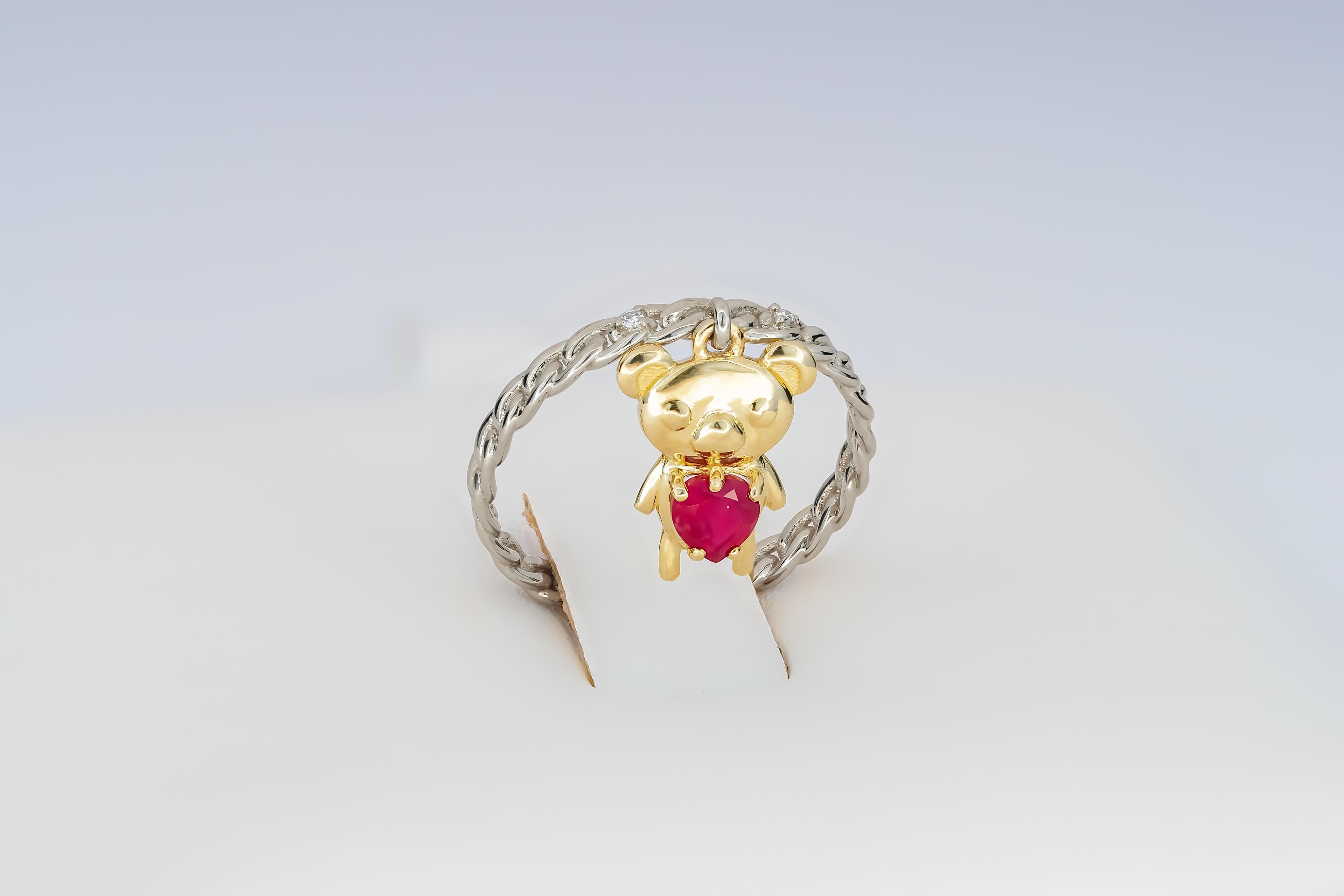 For Sale:  Heart ruby ring in 14 karat gold. Teddy Bear Gold Ring.  4