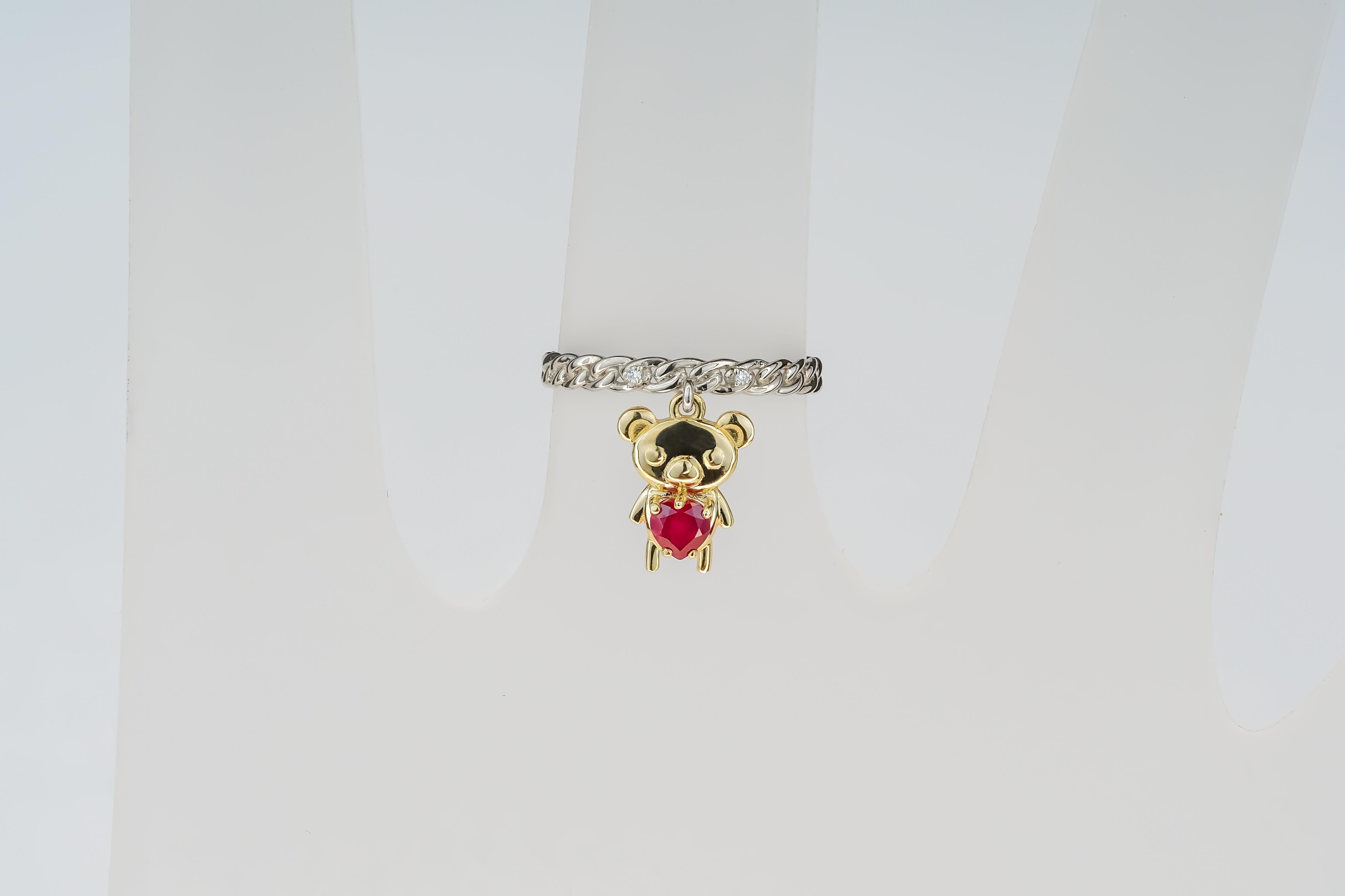 For Sale:  Heart ruby ring in 14 karat gold. Teddy Bear Gold Ring.  5