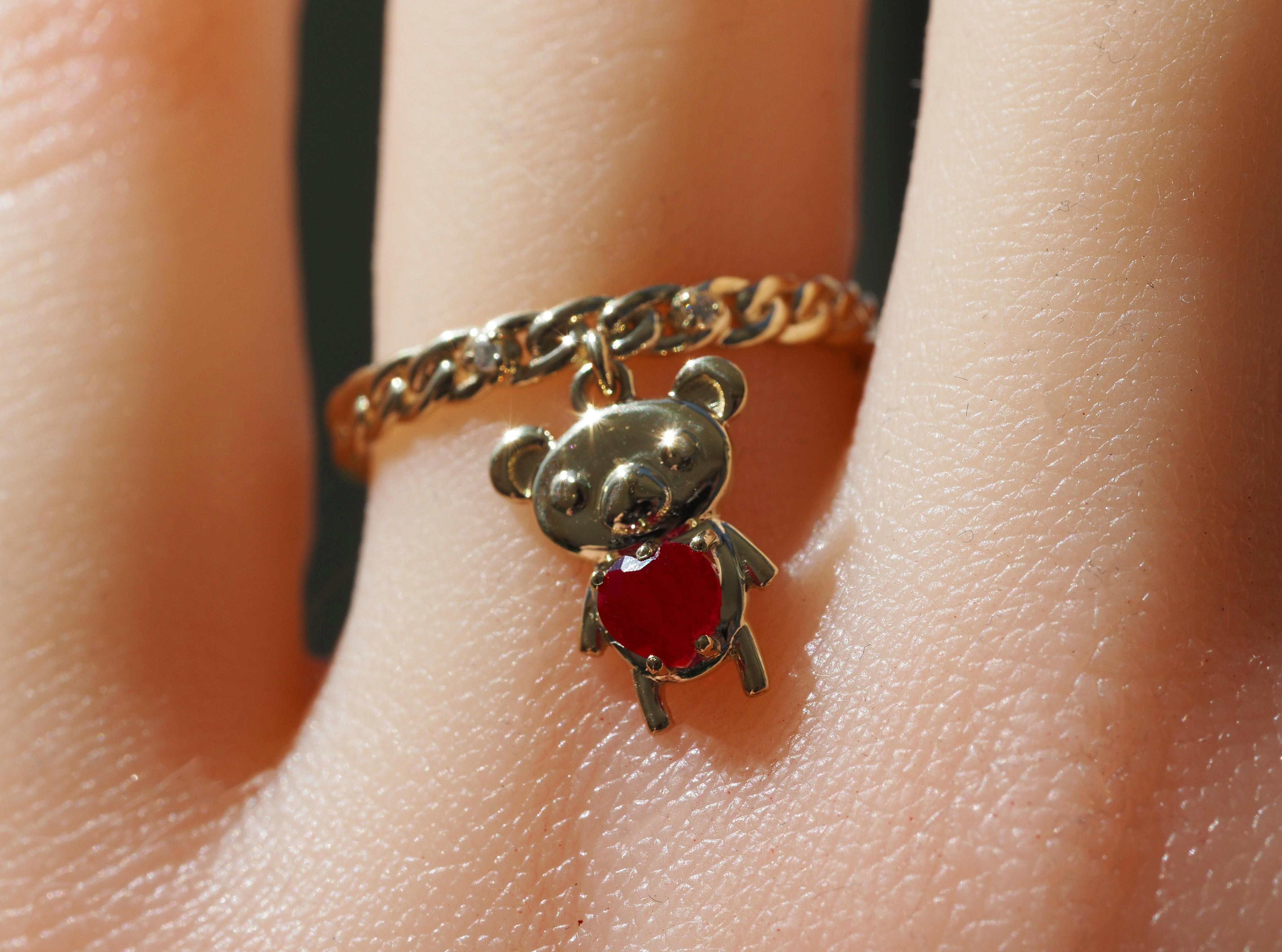 For Sale:  Heart ruby ring in 14 karat gold. Teddy Bear Gold Ring.  6