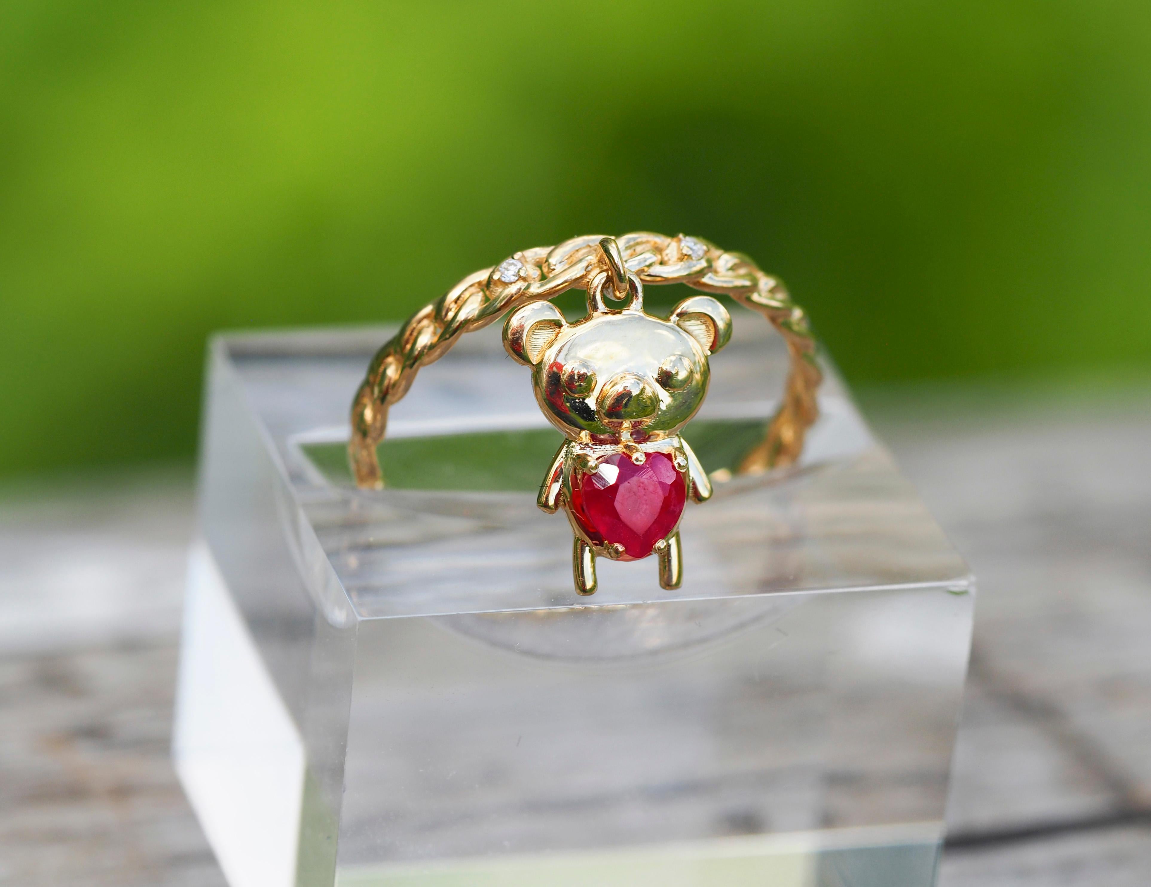 For Sale:  Heart ruby ring in 14 karat gold. Teddy Bear Gold Ring.  7