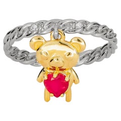 14k White and Yellow Gold Ring with Ruby and Diamonds Teddy Bear Gold Ring