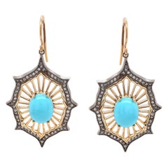 14 Karat White and Yellow Gold Sleeping Beauty Turquoise and Diamond Earrings