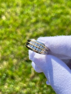 14k White and Yellow Gold Striped Round Diamond Cluster Mens Ring