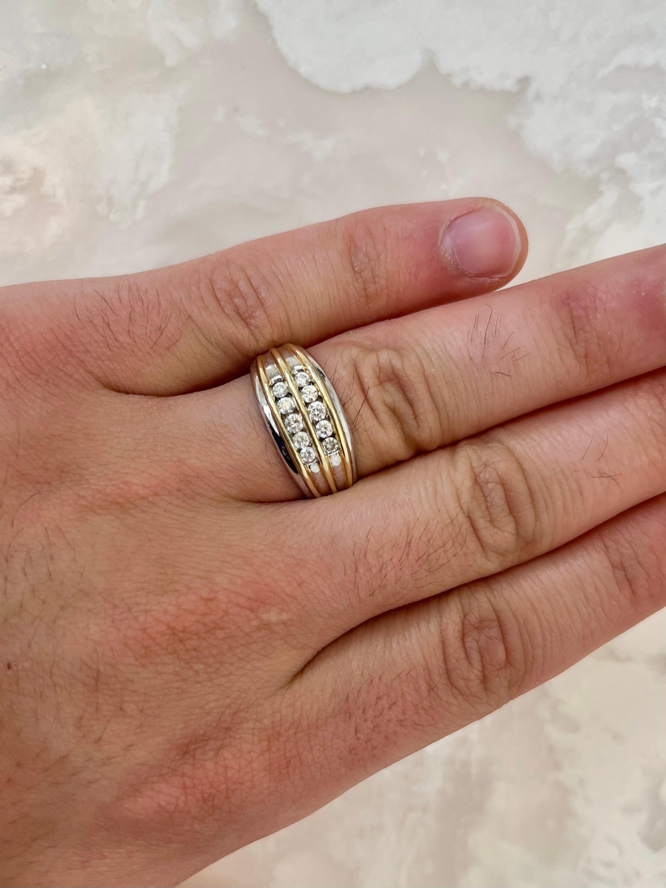14k White and Yellow Gold Striped Round Diamond Cluster Mens Ring For Sale 2