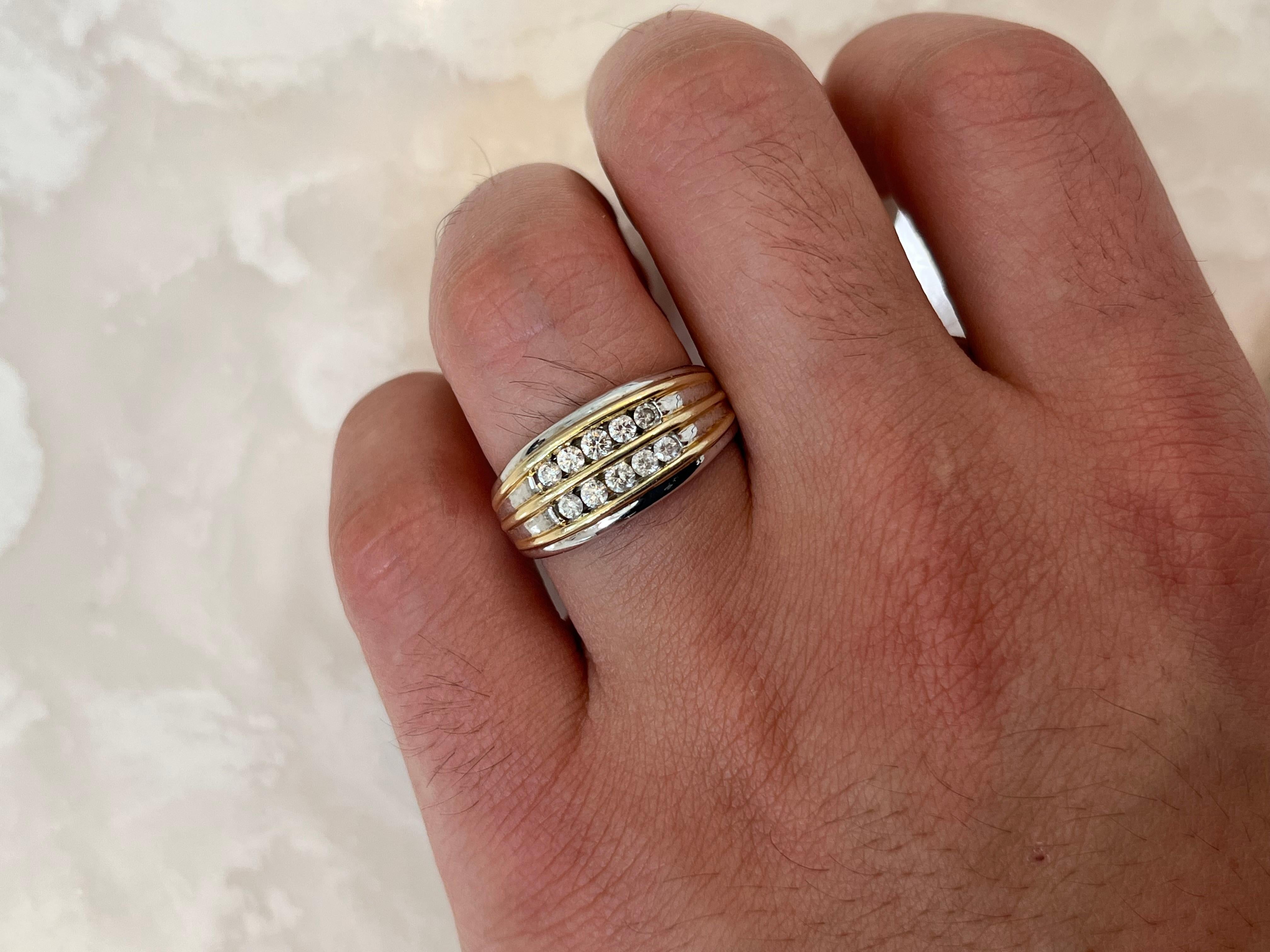 14k White and Yellow Gold Striped Round Diamond Cluster Mens Ring For Sale 3