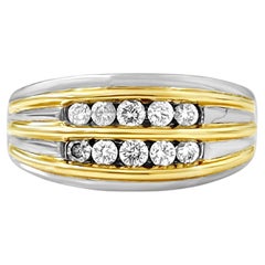 14k White and Yellow Gold Striped Round Diamond Cluster Mens Ring