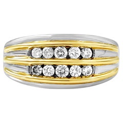 Bague pour homme en or blanc et jaune 14 carats avec grappe de diamants ronds rayés