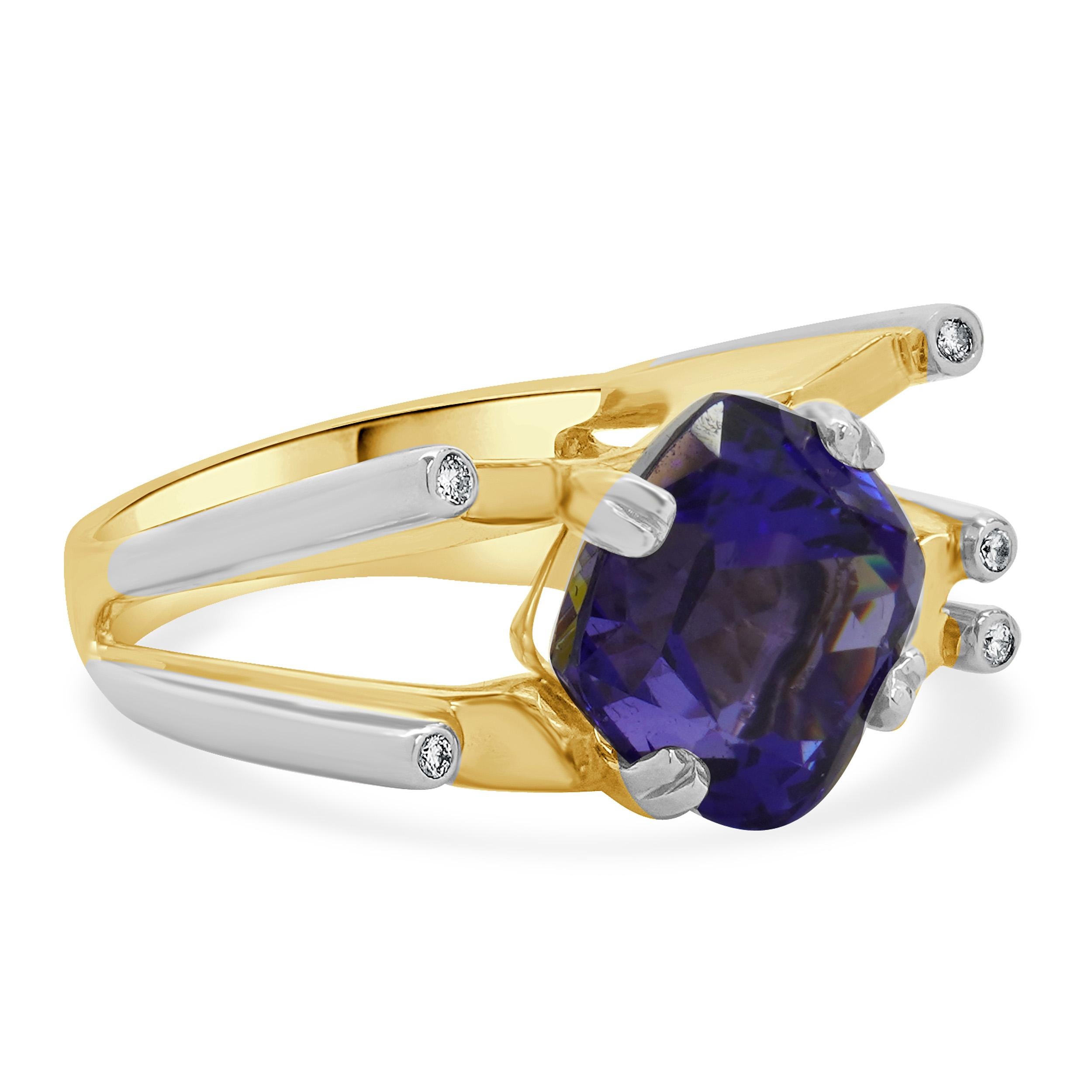 Cushion Cut 14K White and Yellow Gold Tanzanite and Diamond Geometric Ring For Sale