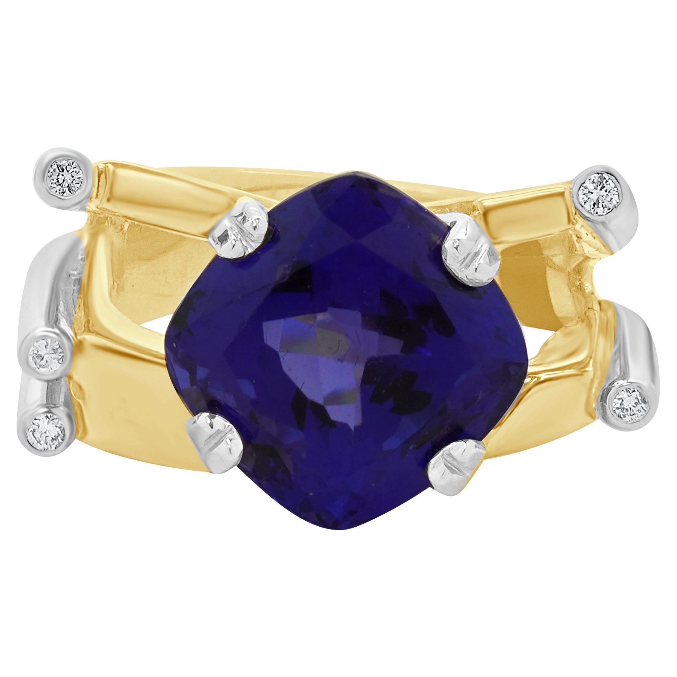 14K White and Yellow Gold Tanzanite and Diamond Geometric Ring For Sale