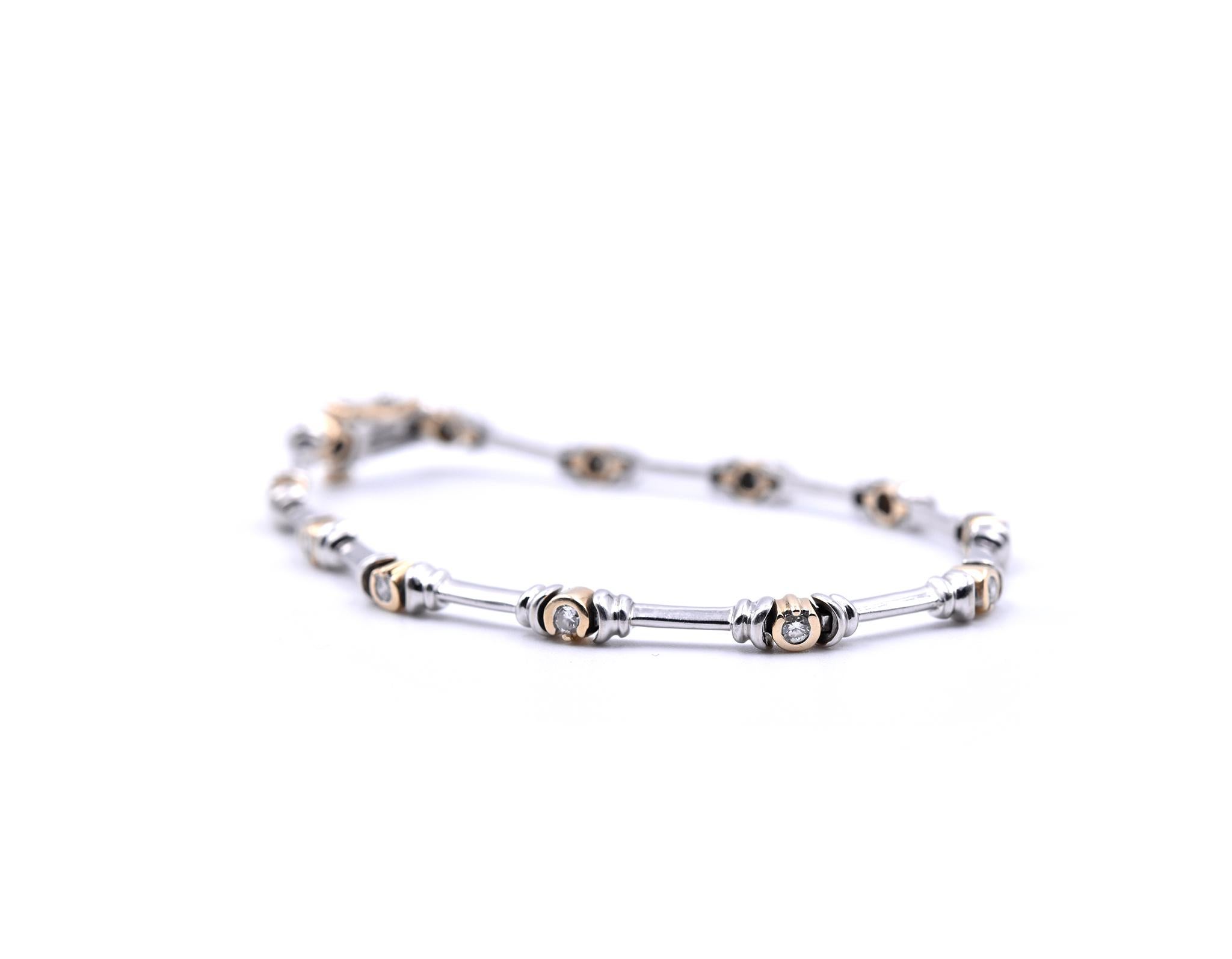 Designer: custom designed
Material: 14k yellow/white gold
Diamonds: 12 round brilliant cuts = 0.60cttw
Color: H
Clarity: SI1-SI2
Dimensions: bracelet is 7 inches in length, and measures 3.72mm in width
Weight: 10.89 grams
