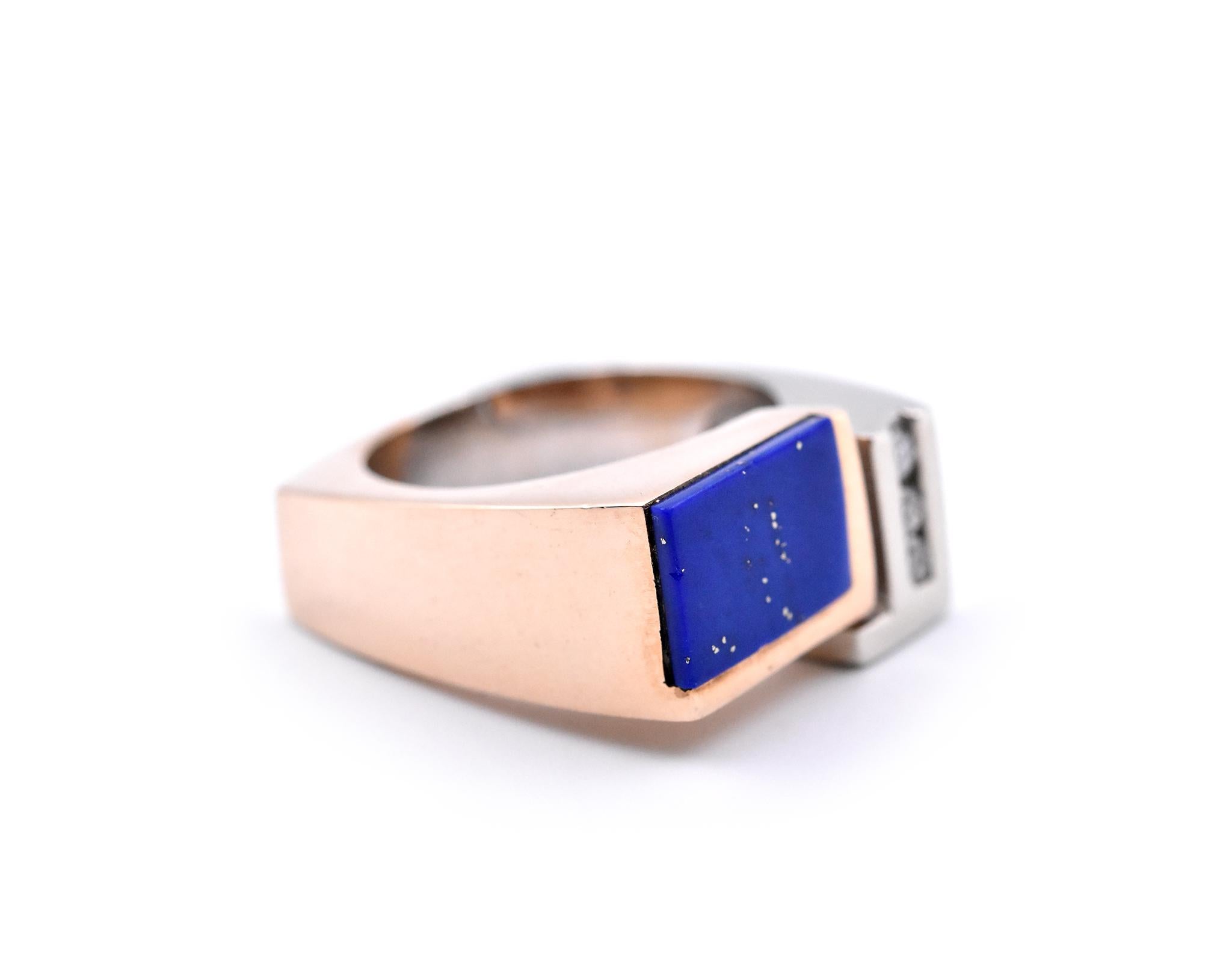 Designer: custom 
Material: 14k yellow/white gold 
Lapis Lazuli: 1 rectangular cut lapis
Diamonds: 3 round brilliant cuts = 0.09cttw
Size: 7 ¼ (please allow two additional shipping days for sizing requests)  
Dimensions: ring measures 9.50mm in