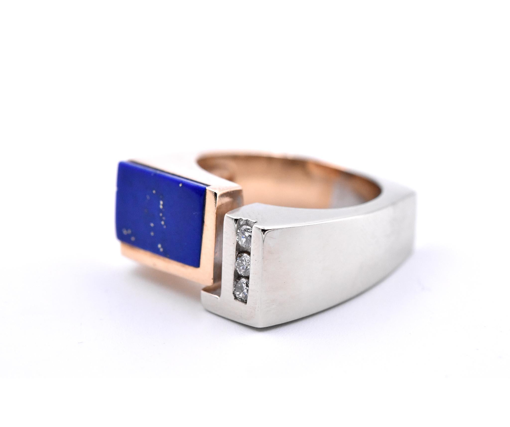 Round Cut 14 Karat White and Yellow Gold Two-Tone Lapis Lazuli and Diamond Geometric Ring