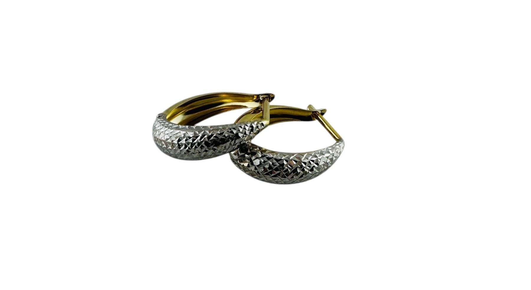 14K White and Yellow Gold Two Toned Oval Diamond Cut Hoop Earrings #20685 For Sale 1