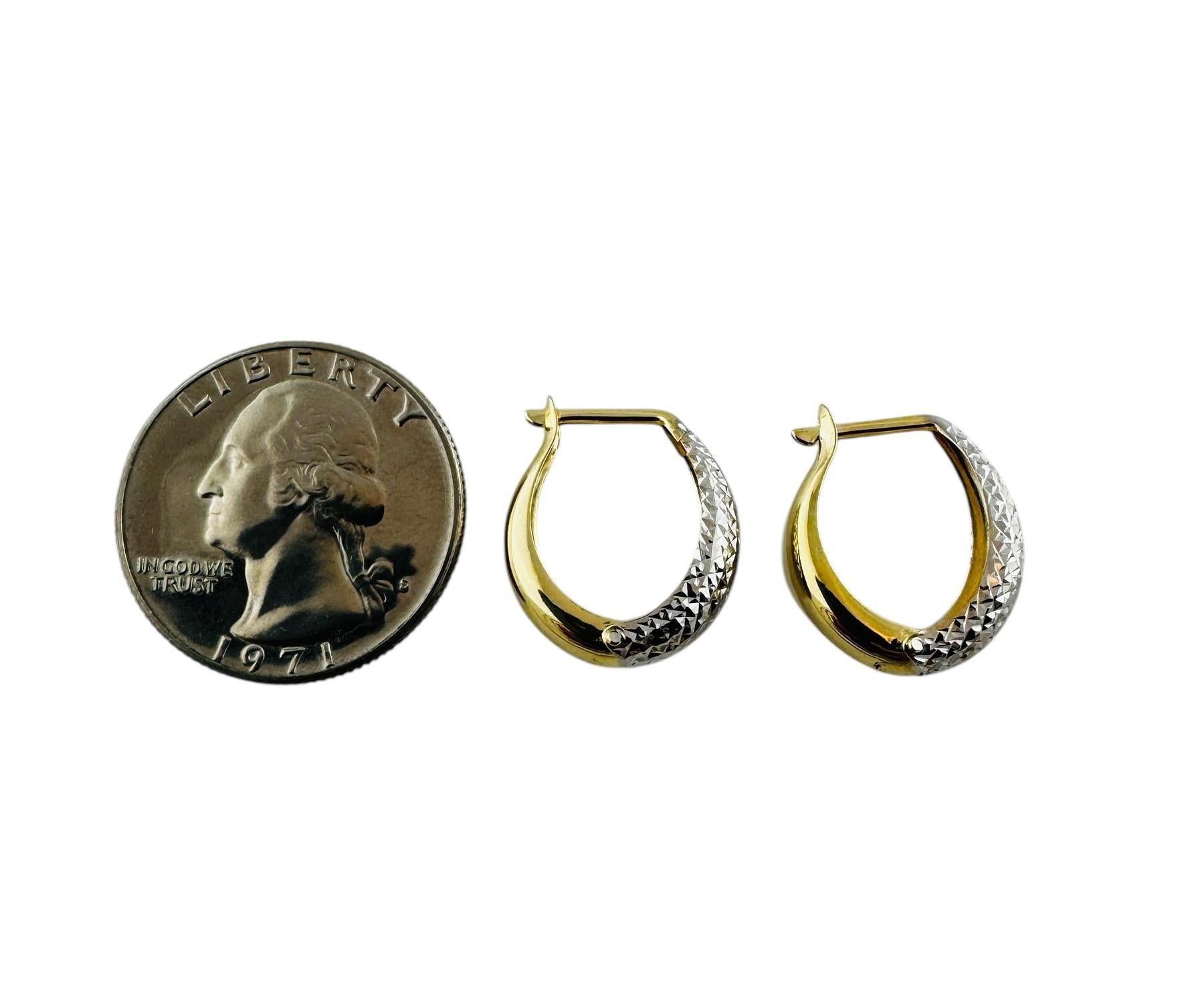 14K White and Yellow Gold Two Toned Oval Diamond Cut Hoop Earrings #20685 For Sale 3