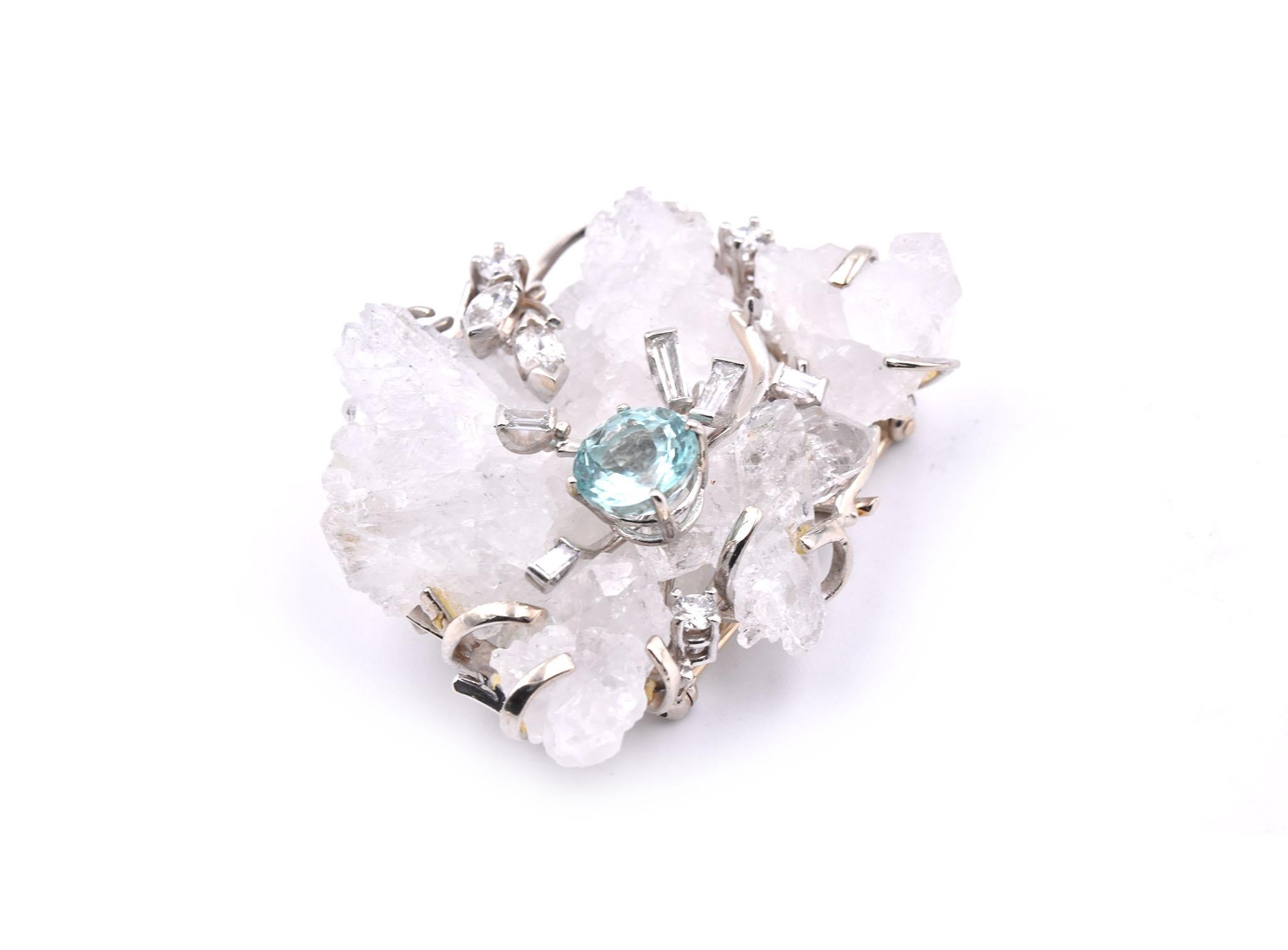 Designer: custom design
Material: 14k white gold
Diamonds: 10 round brilliant, baguette and marquise cut =.90cttw
Color: G
Clarity: VS
Dimensions: pin is 37mm by 44.20mm
Weight: 10 grams
