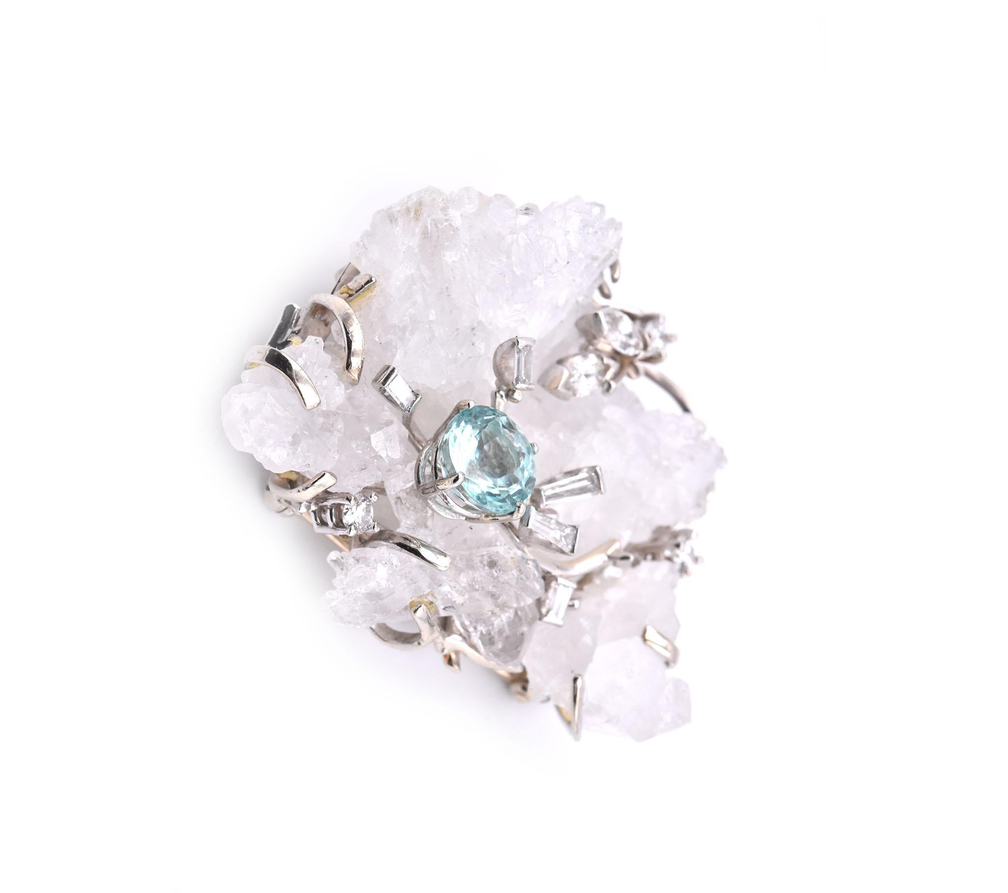 Round Cut 14 Karat White Diamond, Tourmaline and Crystal Quartz Vintage Pin For Sale