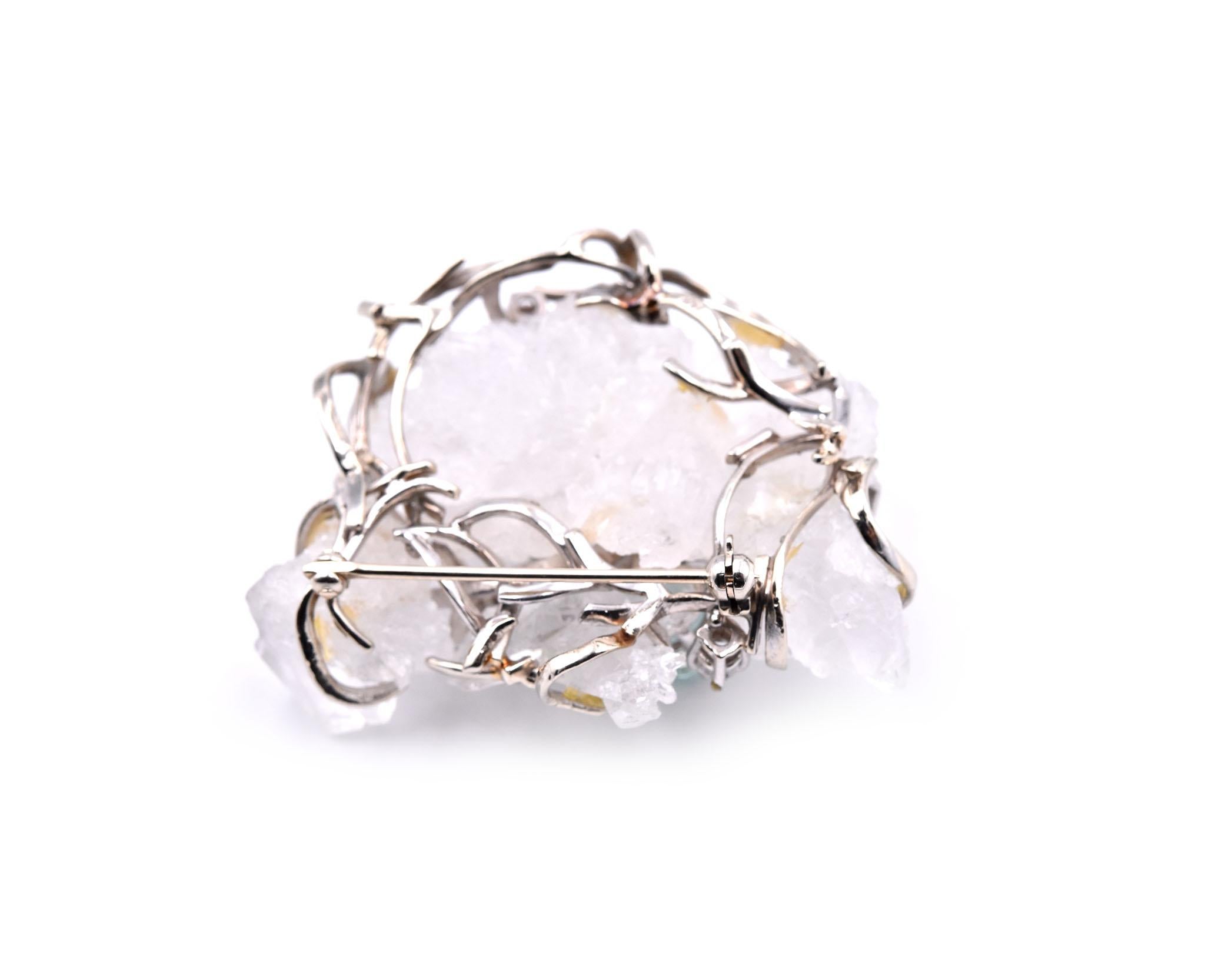 14 Karat White Diamond, Tourmaline and Crystal Quartz Vintage Pin In Excellent Condition For Sale In Scottsdale, AZ
