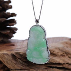 14k White "Goddess of Compassion" Genuine Burmese Jadeite Jade Guanyin Necklace