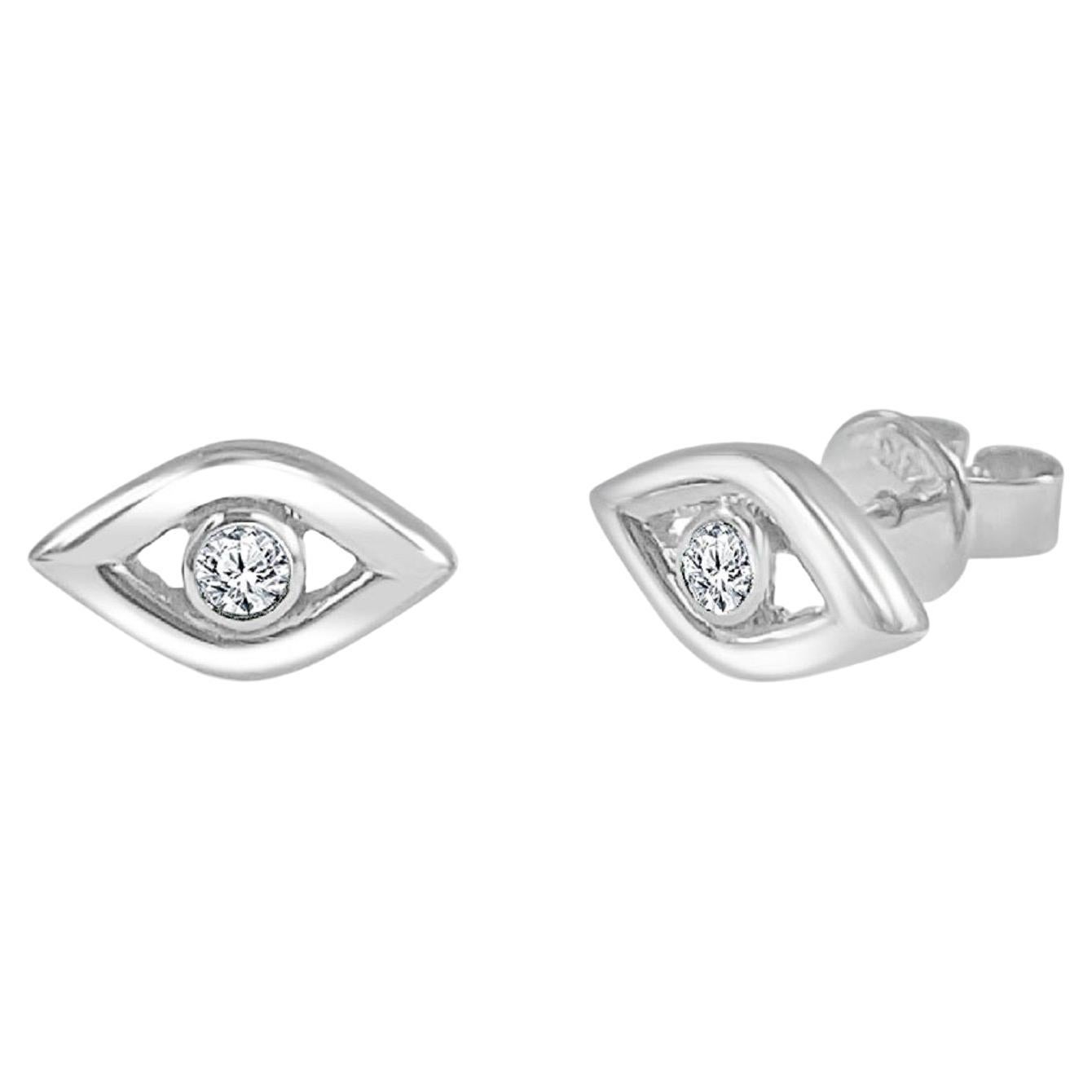 Boucles d'oreilles Evil Eye en or blanc 14 carats et diamants 0,05 carat pour elle en vente