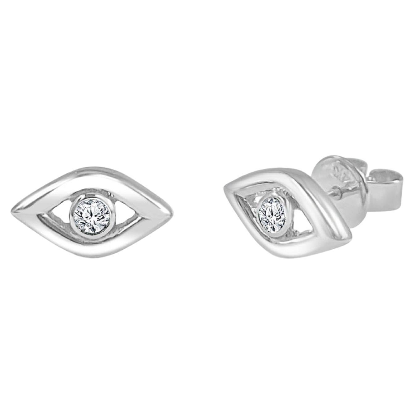 Boucles d'oreilles Evil Eye en or blanc 14 carats et diamants 0,05 carat pour elle