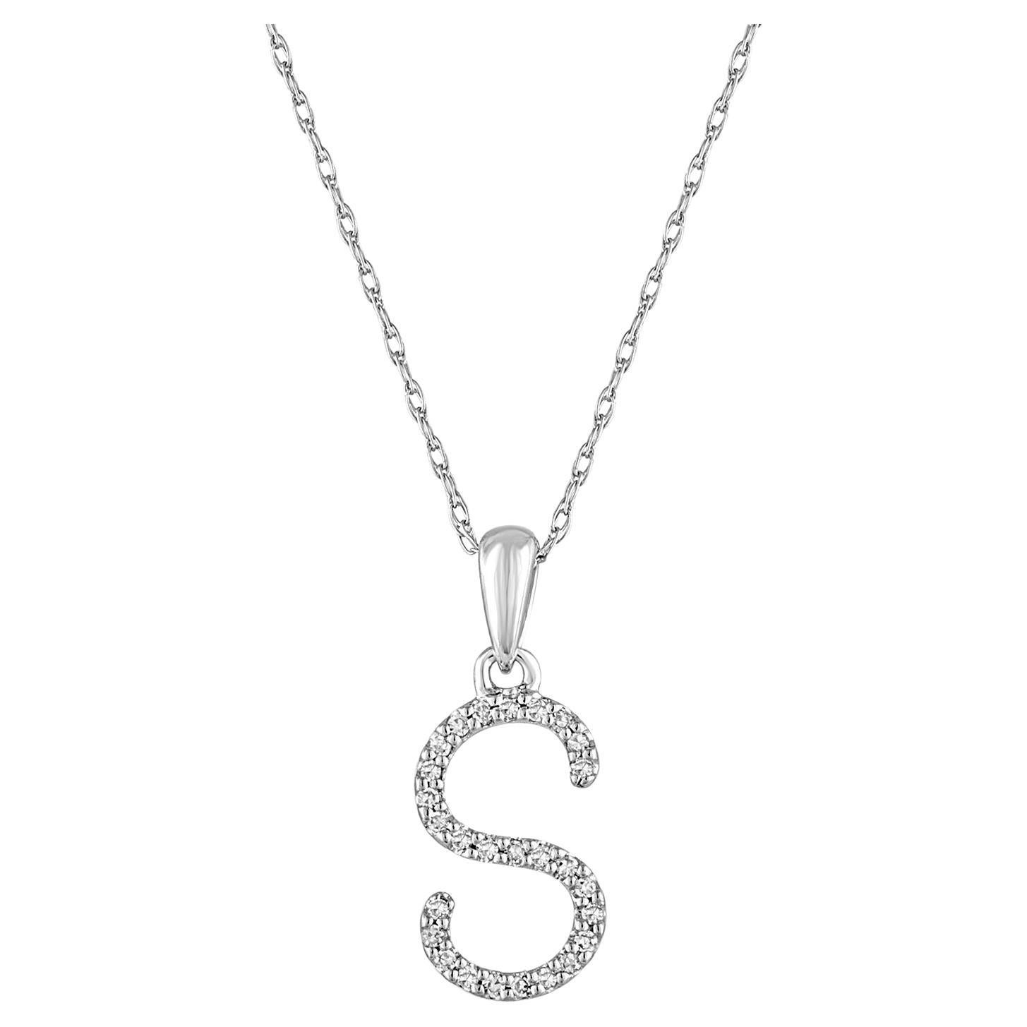 14k White Gold 0.06 Carat Diamond Initial Pendant Necklace, Initial S For Sale
