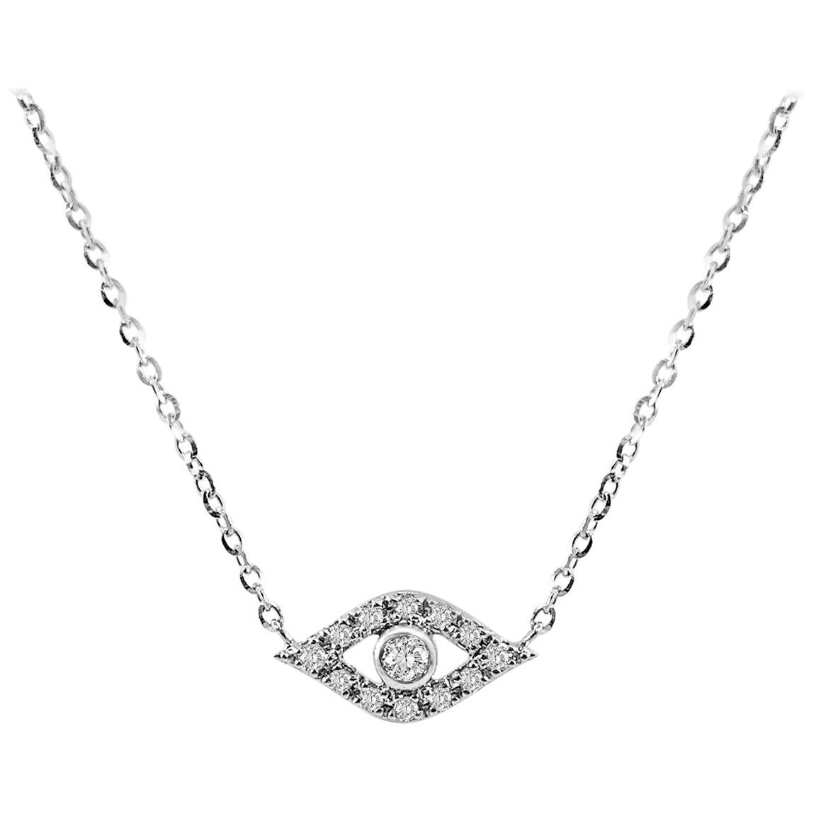 14 Karat White Gold 0.08 Carat Diamond Evil Eye Necklace For Sale