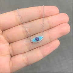 14k White Gold 0.08 Carat Diamond Sapphire & Turquoise Evil Eye Necklace