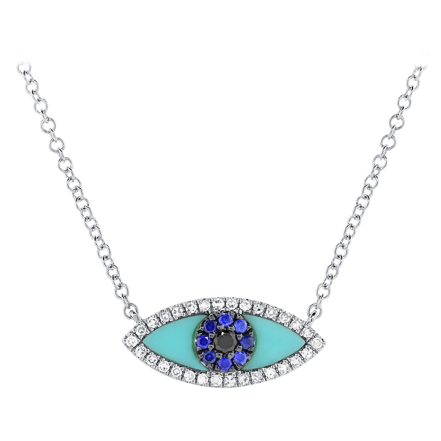 14k White Gold 0.08 Carat Diamond Sapphire & Turquoise Evil Eye Necklace For Sale