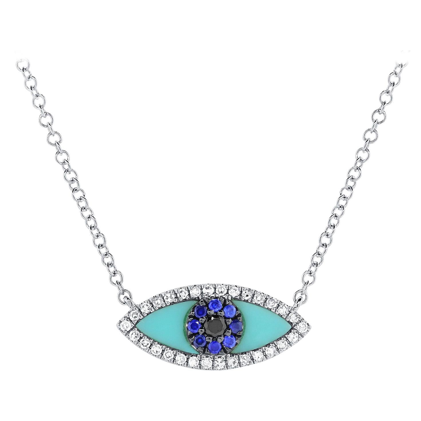 14k Weißgold 0,08 Karat Diamant Saphir & Türkis Evil Eye Halskette