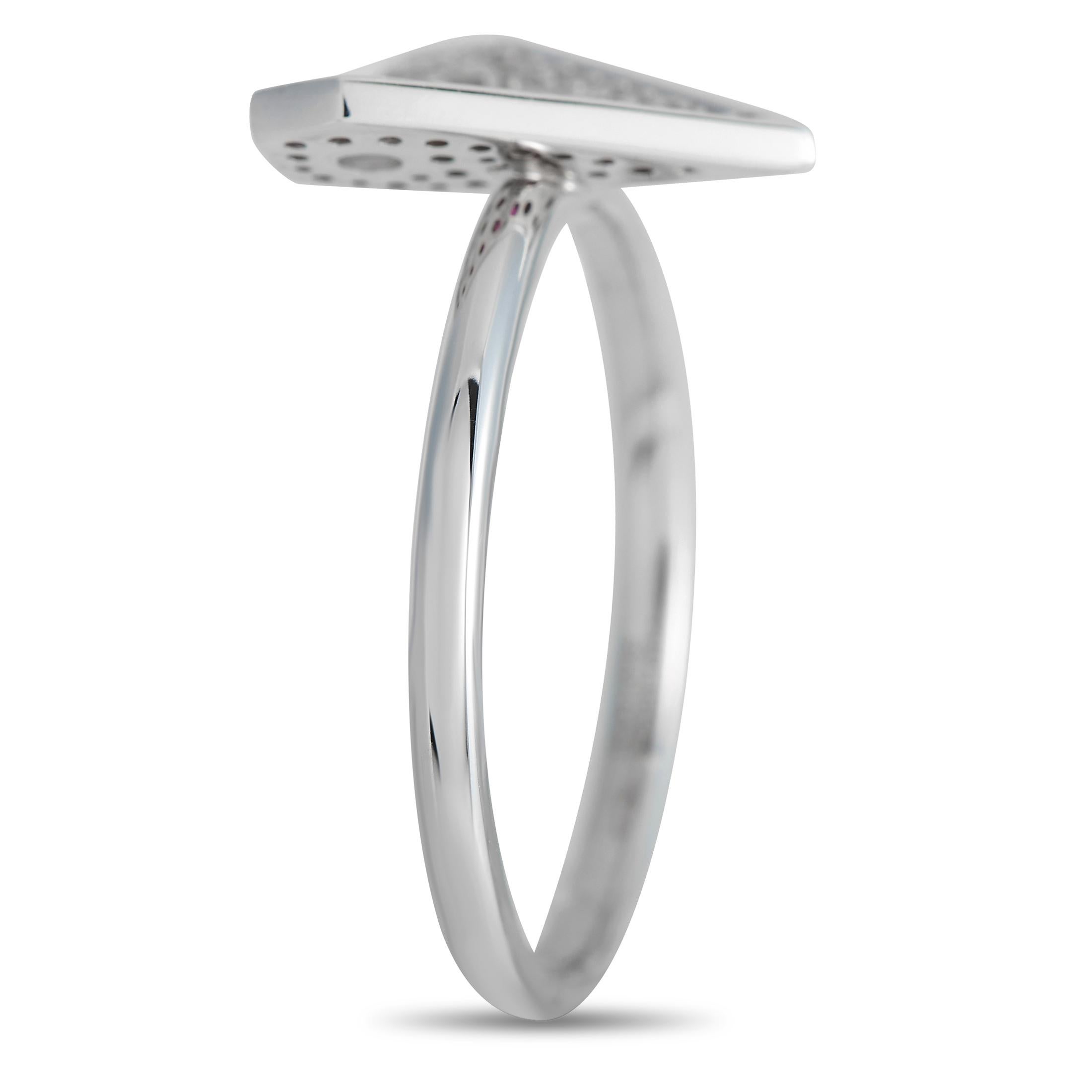 Show appreciation to someone who has filled a whole in your heart by giving this chic geometric ring as a special gift. The ring features a 14K white gold band topped with a two-holed, two-faced 2D heart centerpiece. One side of the heart is