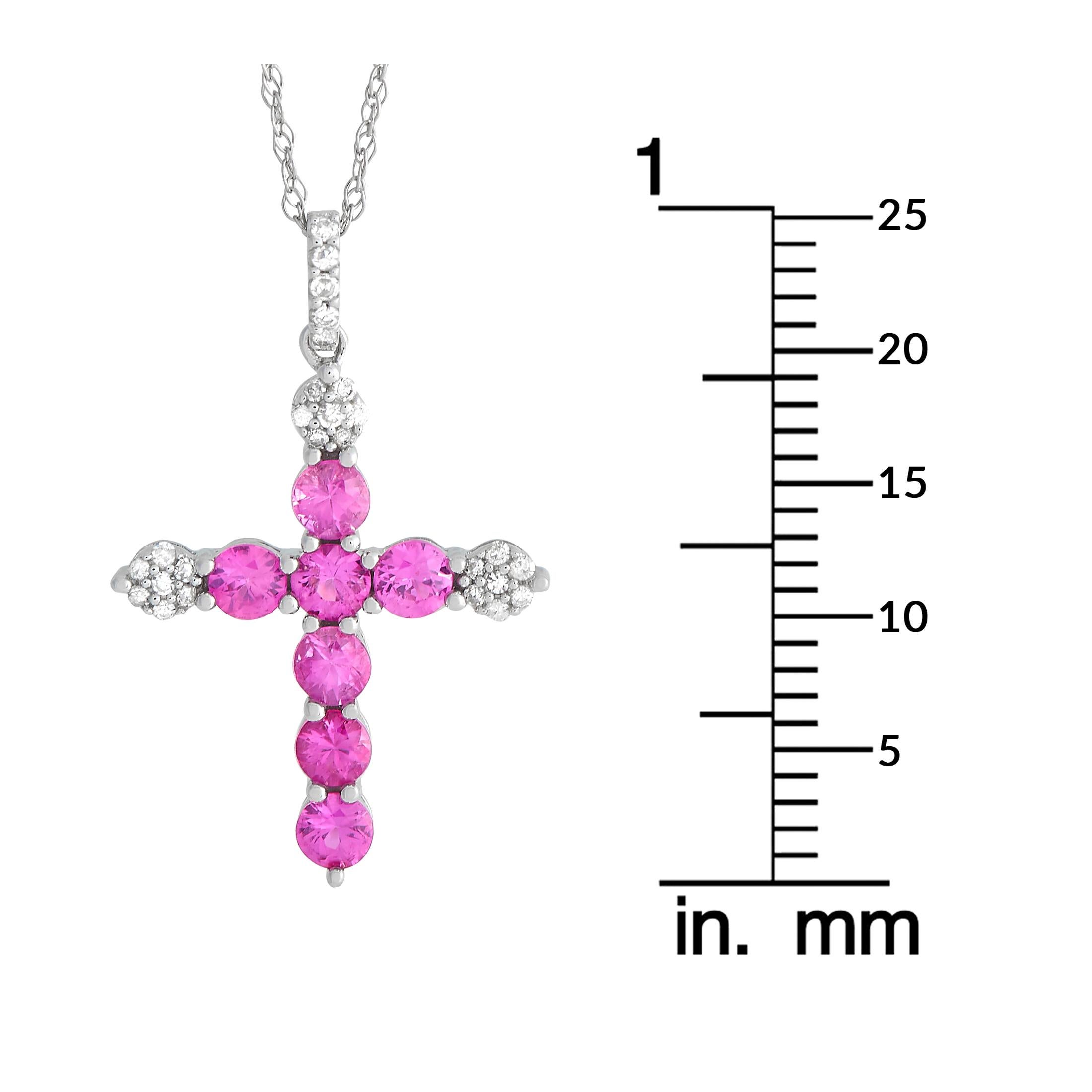 14K White Gold 0.09ct Diamond and Pink Sapphire Cross Necklace In New Condition For Sale In Southampton, PA