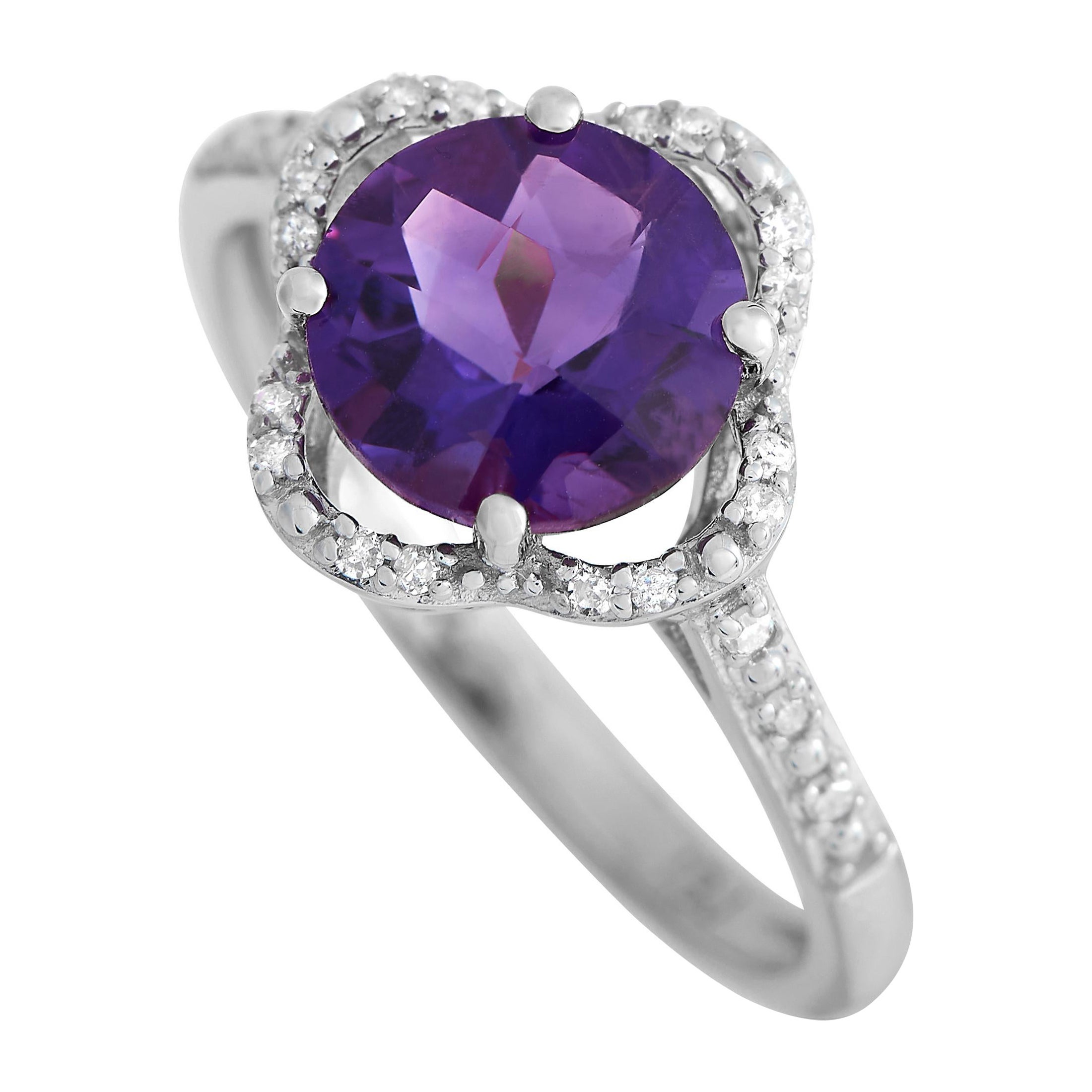 Anello Quatrefoil in oro bianco 14K con diamante e ametista da 0,10 carati