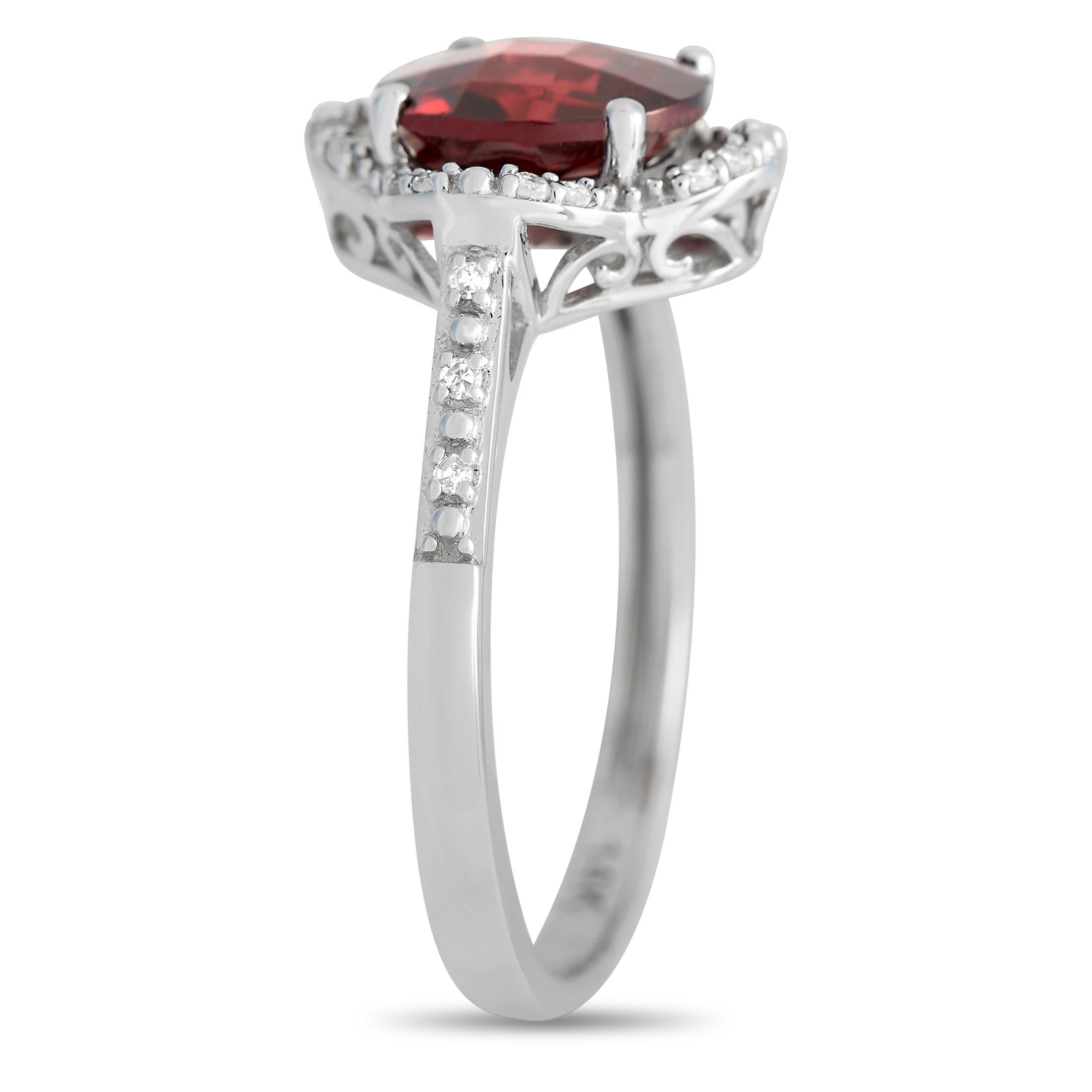 Embrace the symbolism of your birthstone in a chic and elegant way through this gemstone ring. It features a 14K white gold band with diamond-traced shoulders that lead to a diamond-lined and swirl-decorated quatrefoil setting. Sitting at the center